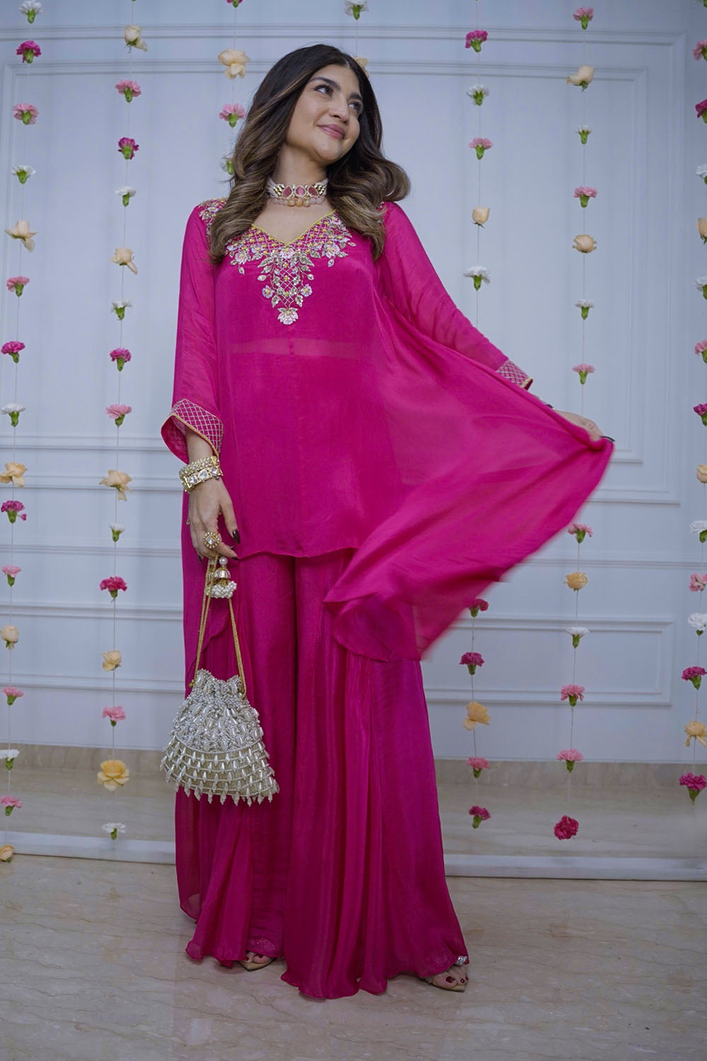 Rani Chiffon Asymmetrical Kurta Set with Sharara & Bustier