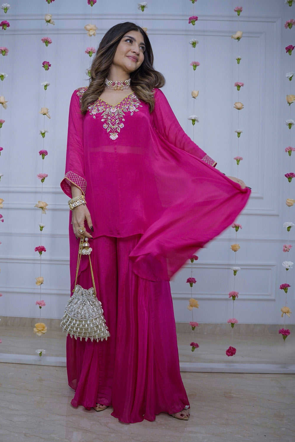 Rani Pink Chiffon Asymmetrical Sharara Set - Chanda Collection