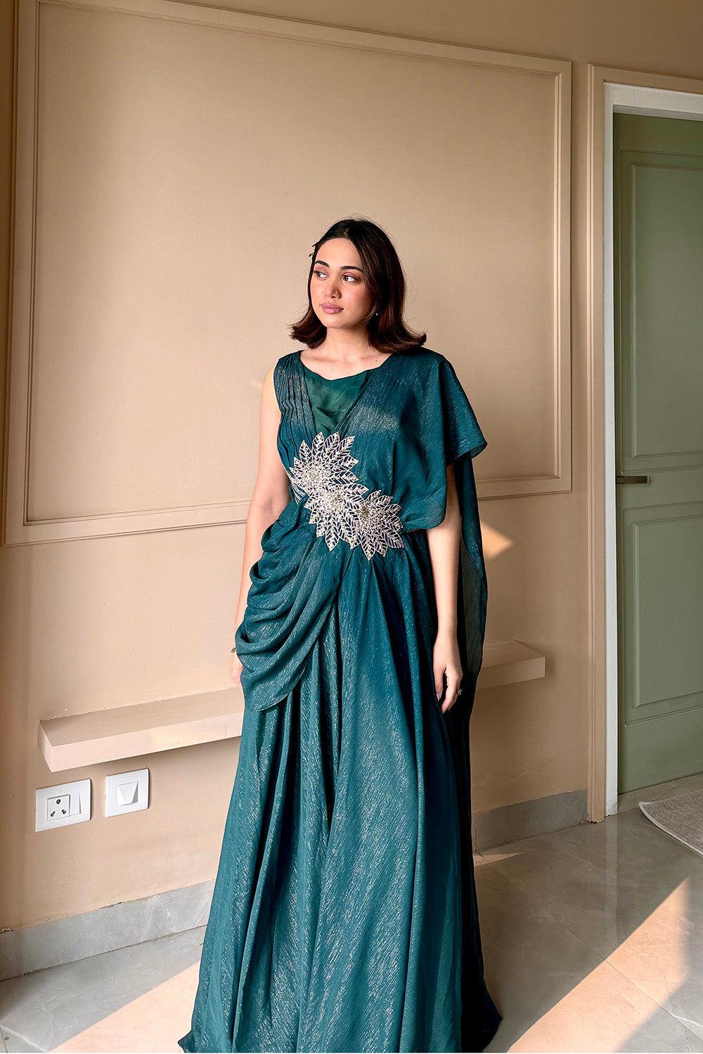 Navy Blue Flora Embroidered Georgette Jumpsuit with Pleat Drape