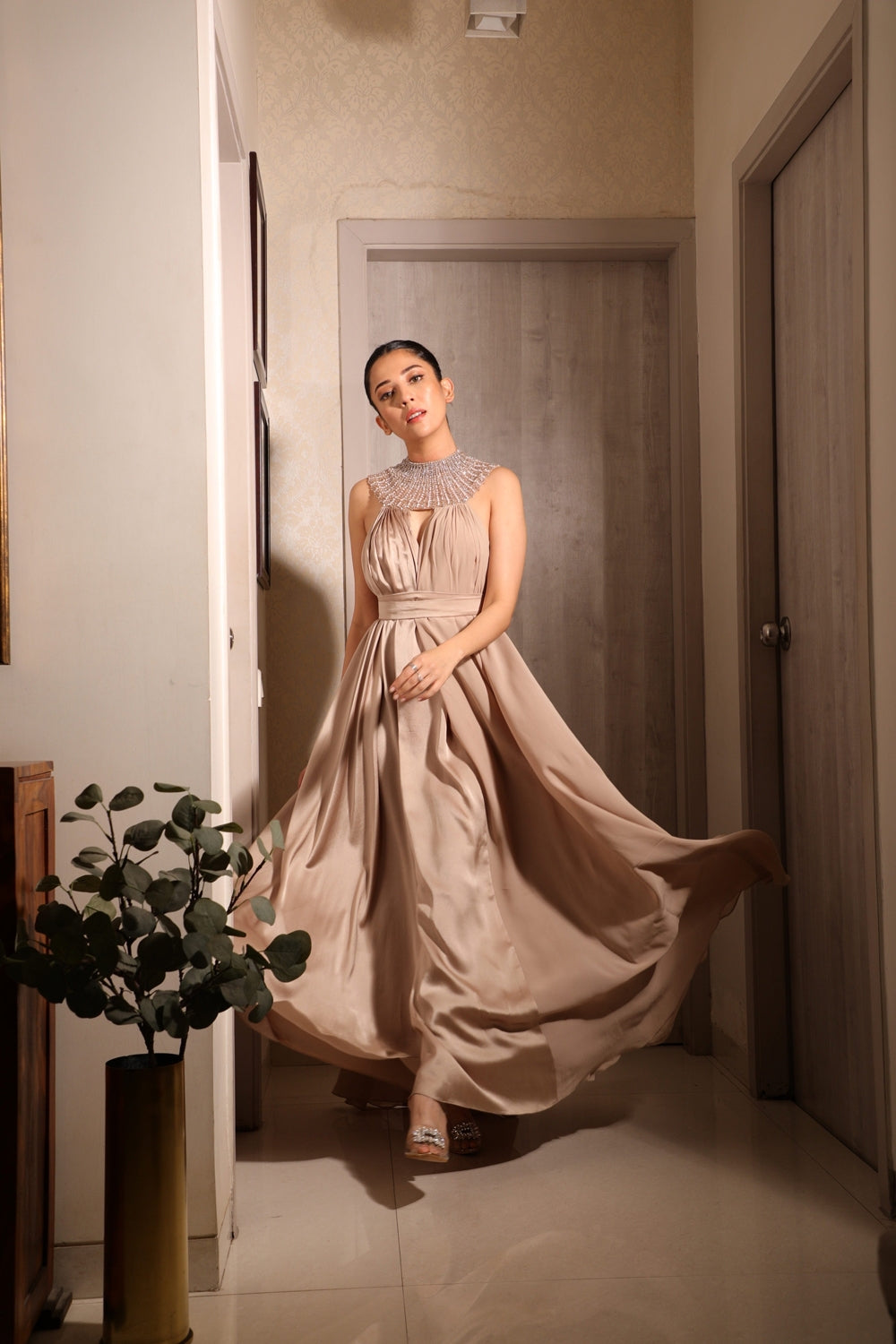 Taupe maxi dress with embellished choker.