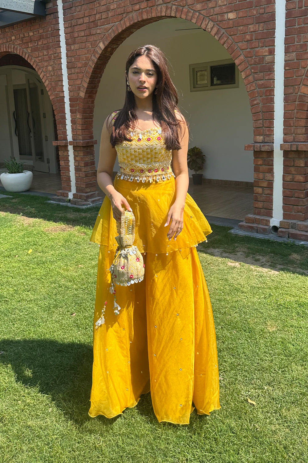 Mustard Lucknowi Peplum Top with Structured Organza Sharara Set