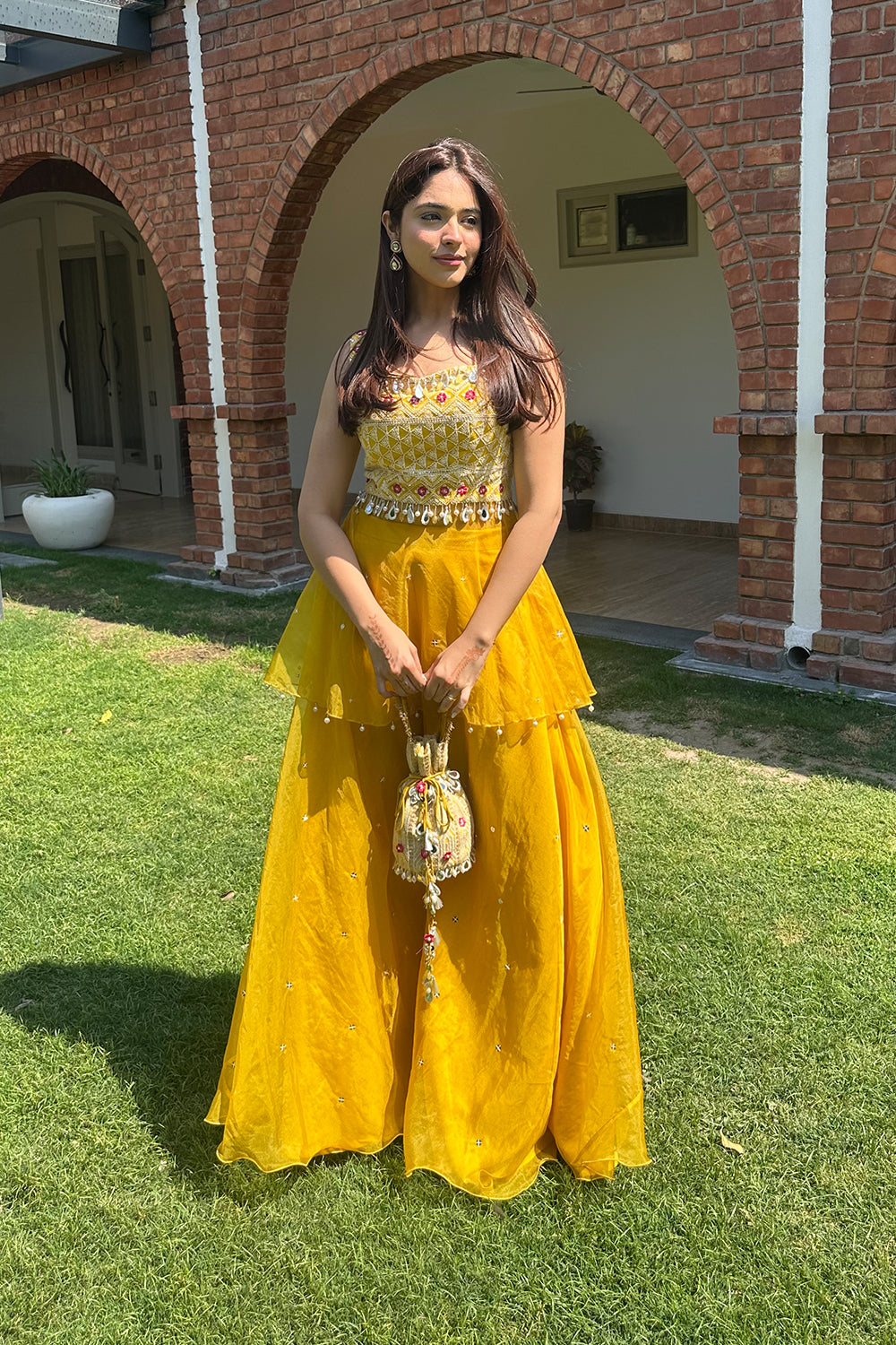 Mustard Lucknowi Peplum Top with Structured Organza Sharara Set