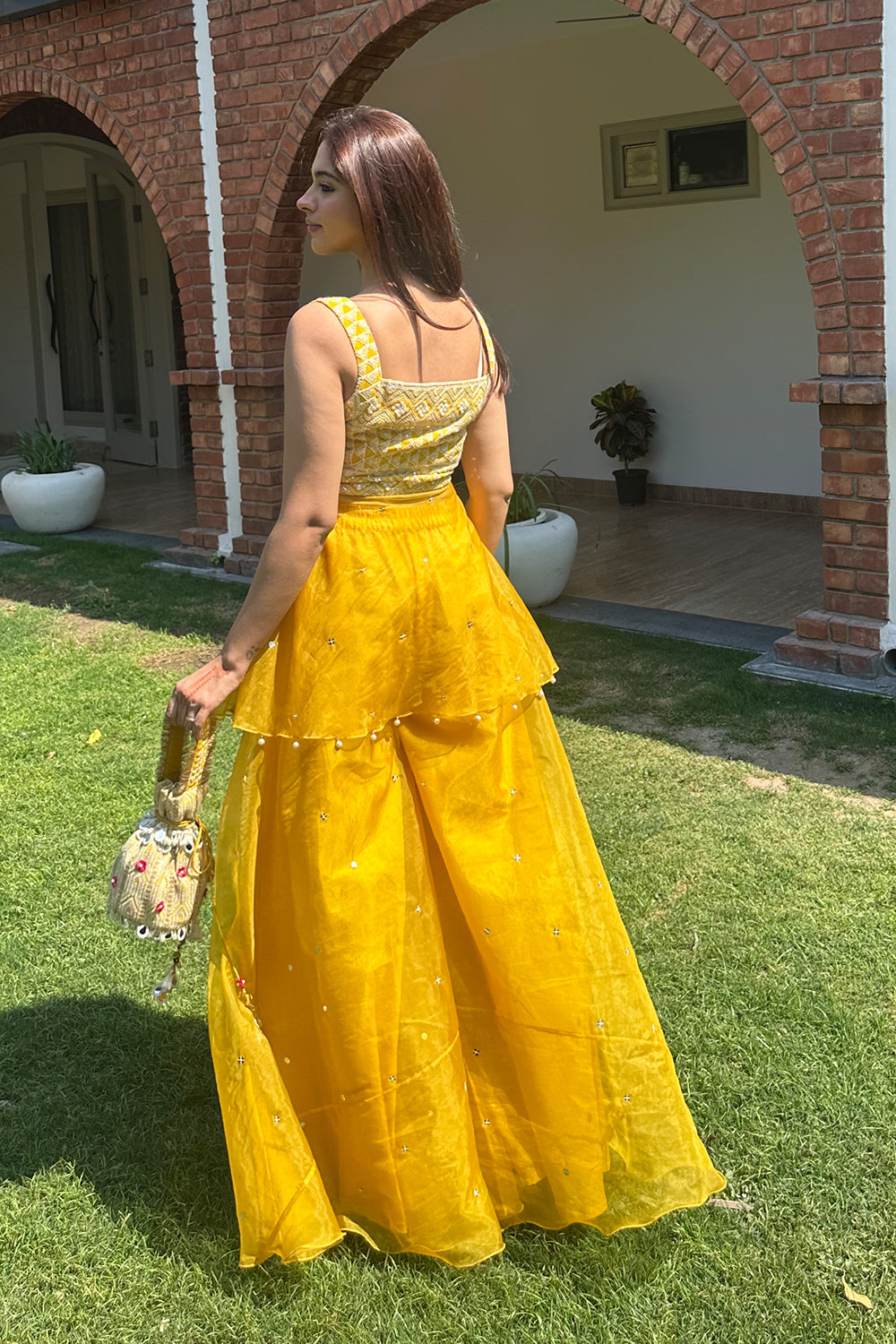 Mustard Lucknowi Peplum Top with Structured Organza Sharara Set