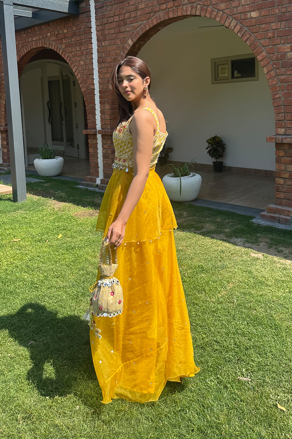 Mustard Lucknowi Peplum Top with Structured Organza Sharara Set
