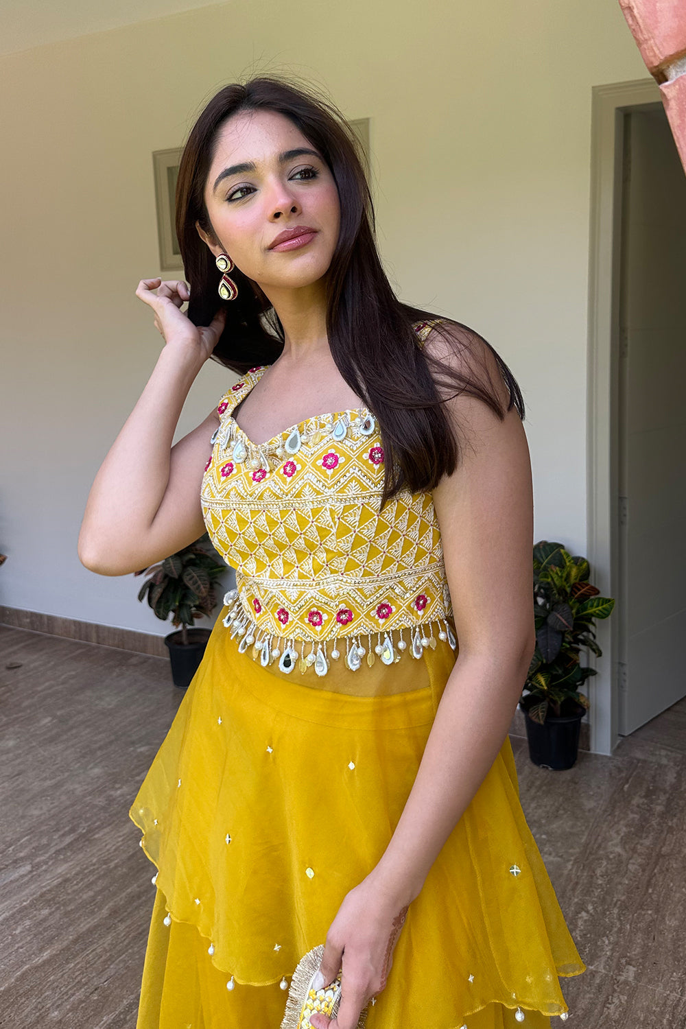 Mustard Lucknowi Peplum Top with Structured Organza Sharara Set