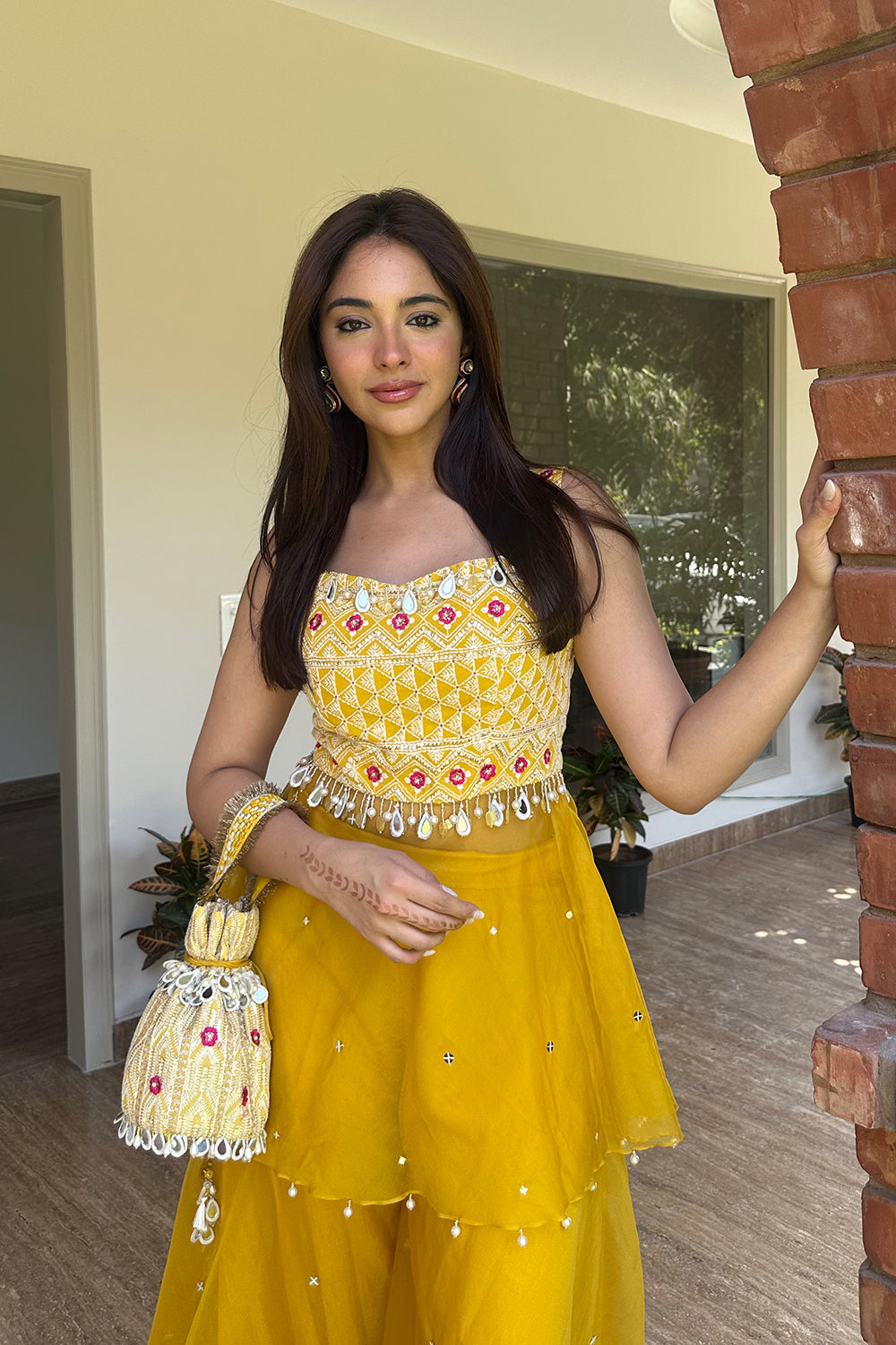 Mustard Lucknowi Peplum Top with Structured Organza Sharara Set