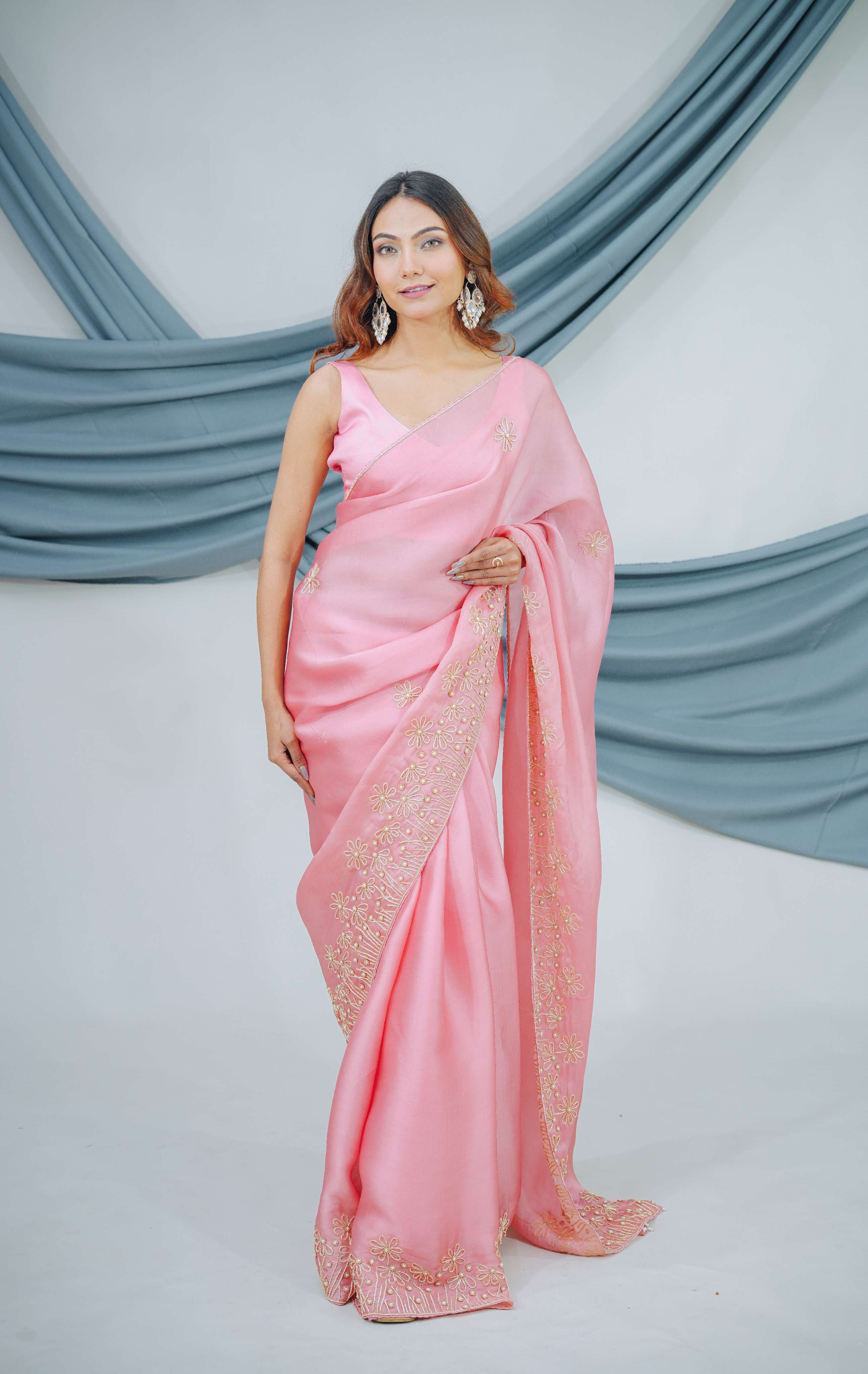 Pure Organza Satin Saree with Complete Dabka Hand Embroidery Highlights and Pearl Accents