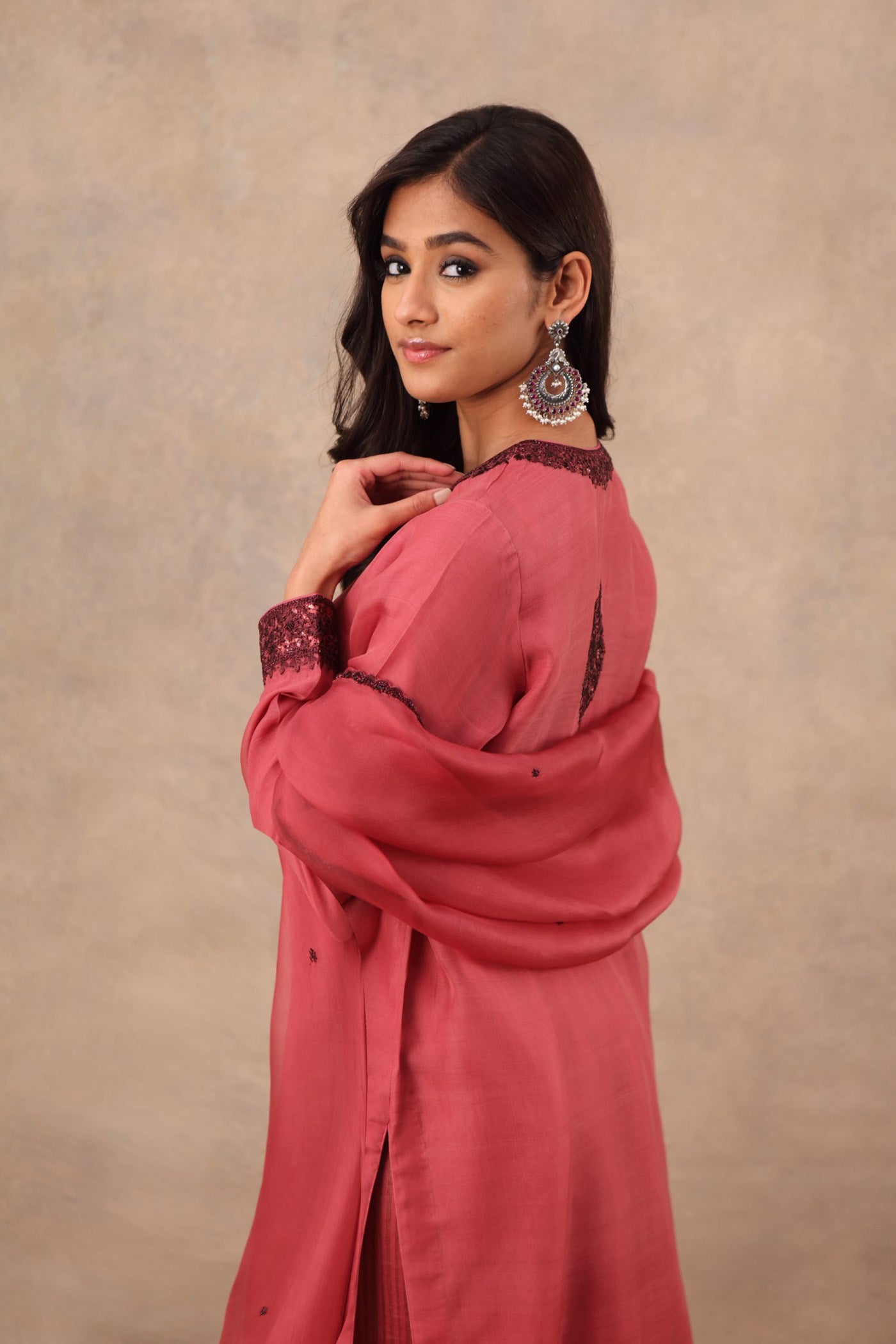 Hand Embroidered Garnet Rose Pure Katan Silk Kurta Pants Set