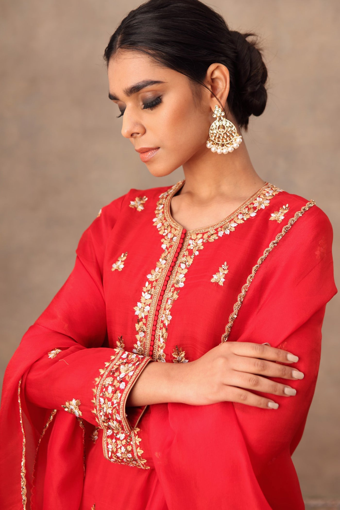 Hand Embroidered Bridal Red Pure Katan Silk Kurta Sharara Set