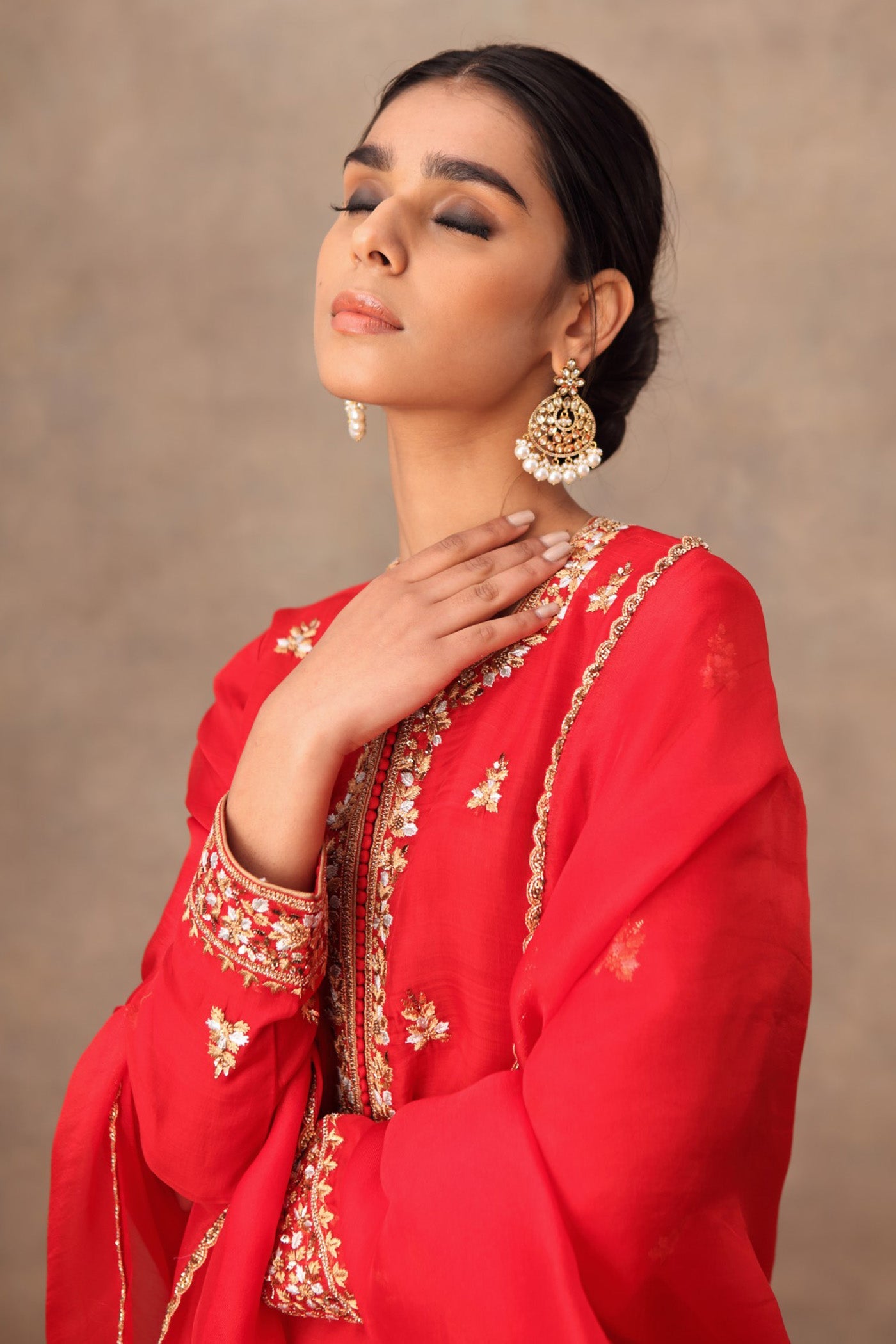 Hand Embroidered Bridal Red Pure Katan Silk Kurta Sharara Set