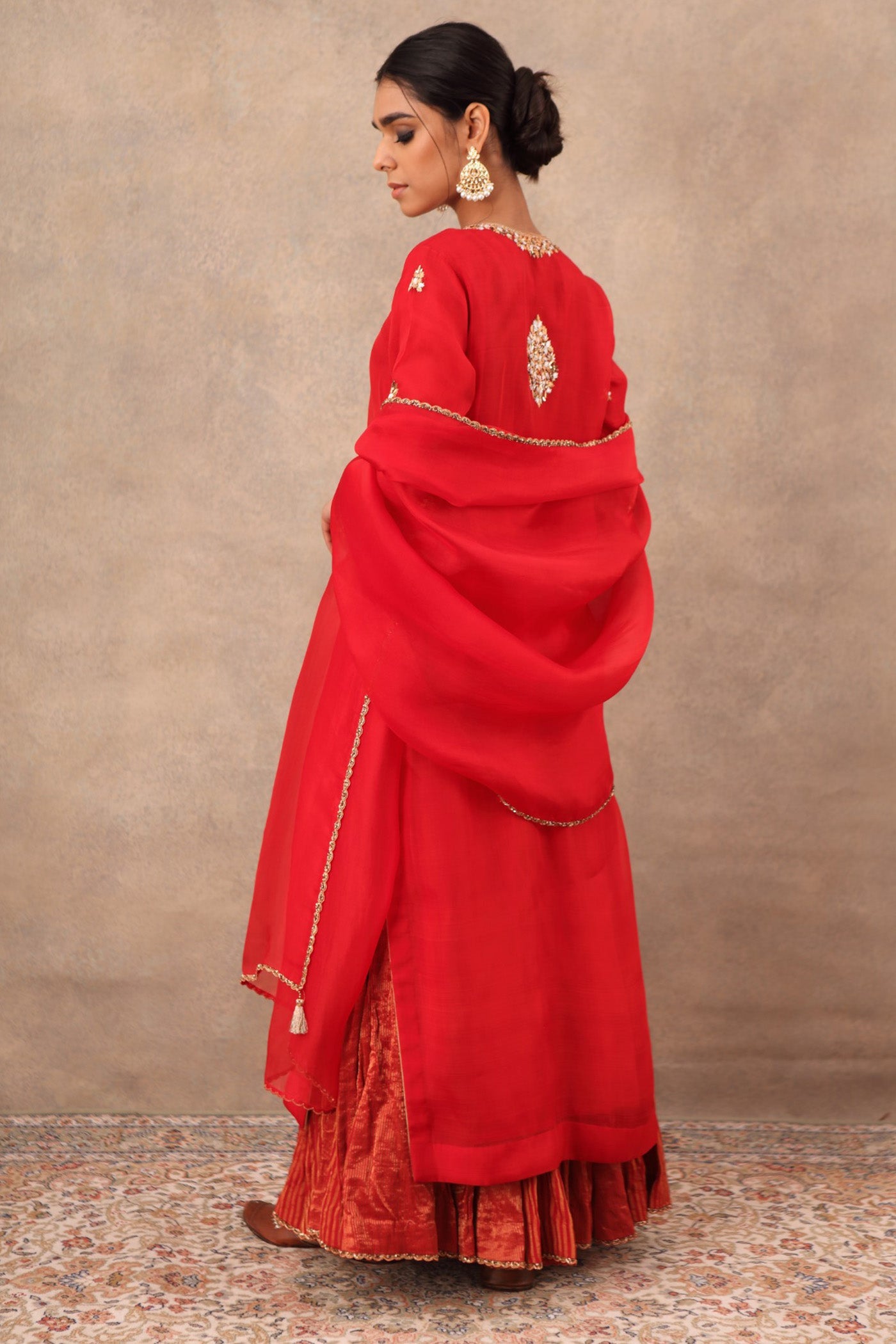 Hand Embroidered Bridal Red Pure Katan Silk Kurta Sharara Set