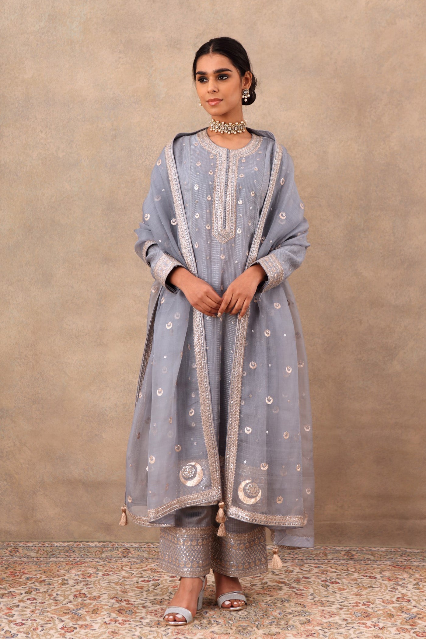 Hand Embroidered Dusty Blue Pure Cotton Silk Kurta Palazzo Set