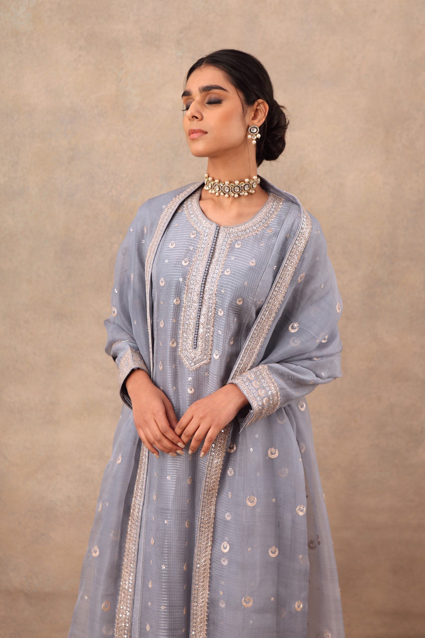 Hand Embroidered Dusty Blue Pure Cotton Silk Kurta Palazzo Set