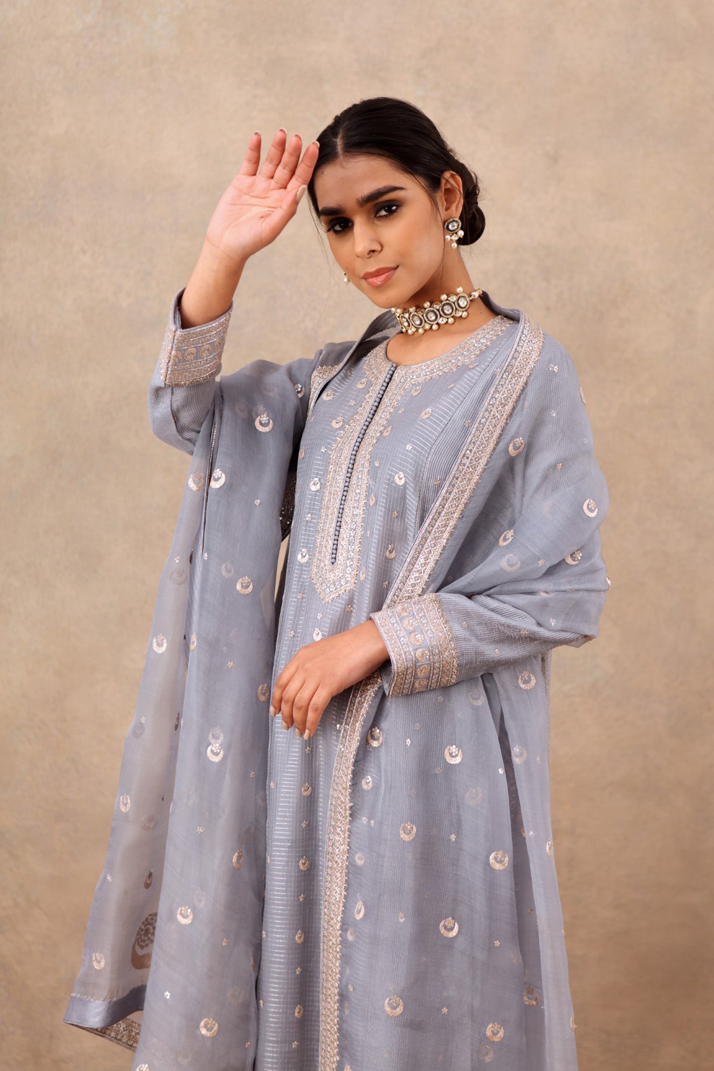 Hand Embroidered Dusty Blue Pure Cotton Silk Kurta Palazzo Set