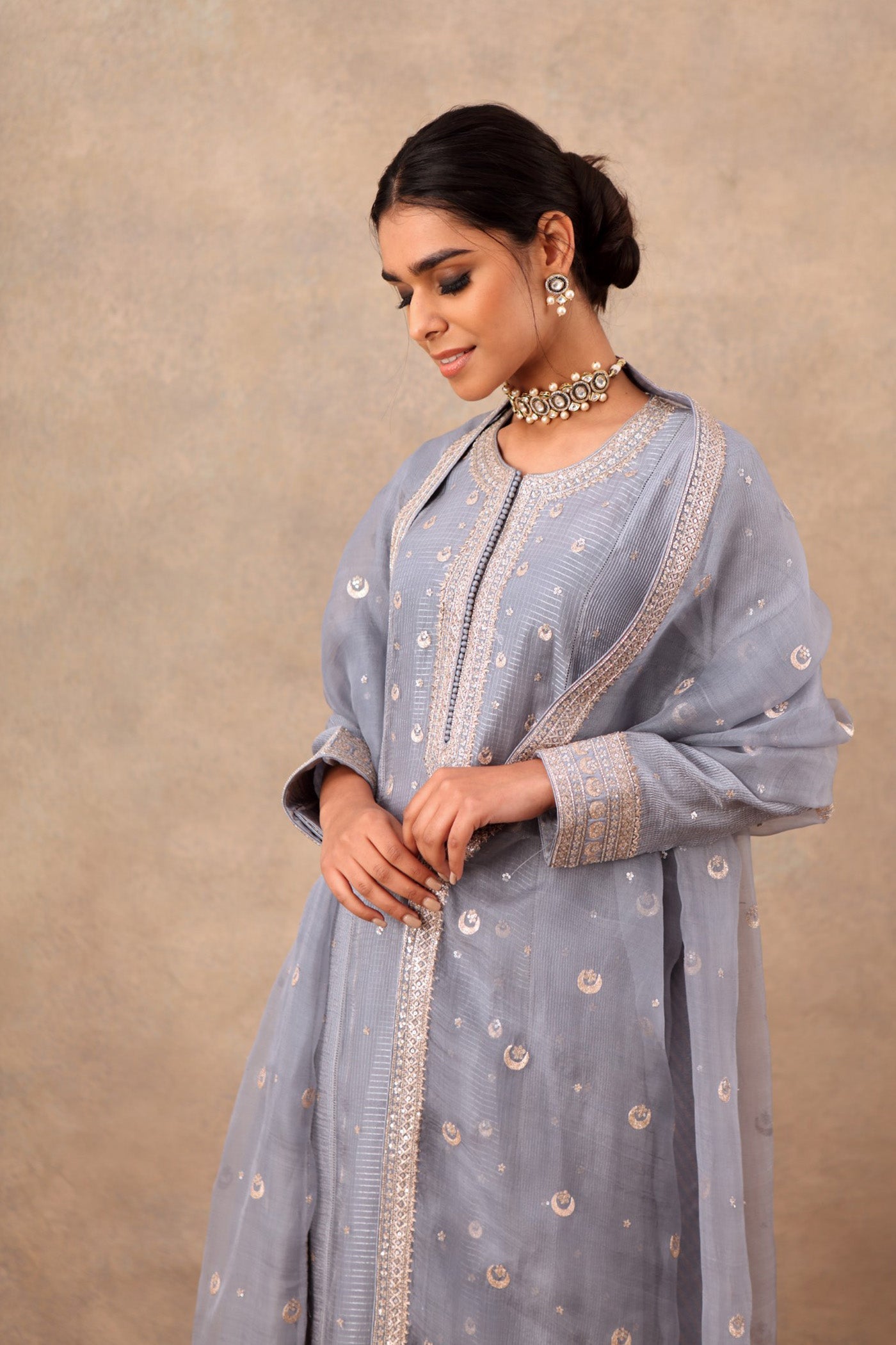 Hand Embroidered Dusty Blue Pure Cotton Silk Kurta Palazzo Set