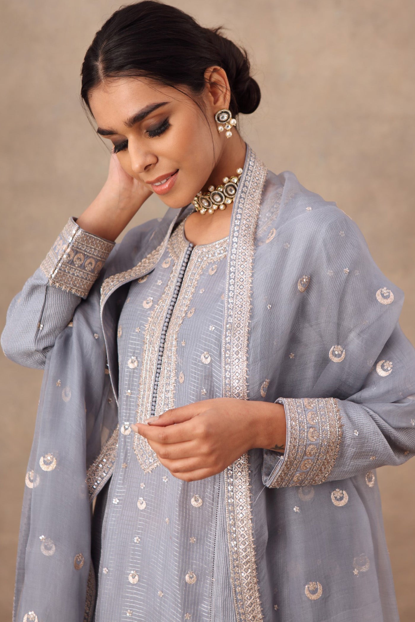 Hand Embroidered Dusty Blue Pure Cotton Silk Kurta Palazzo Set