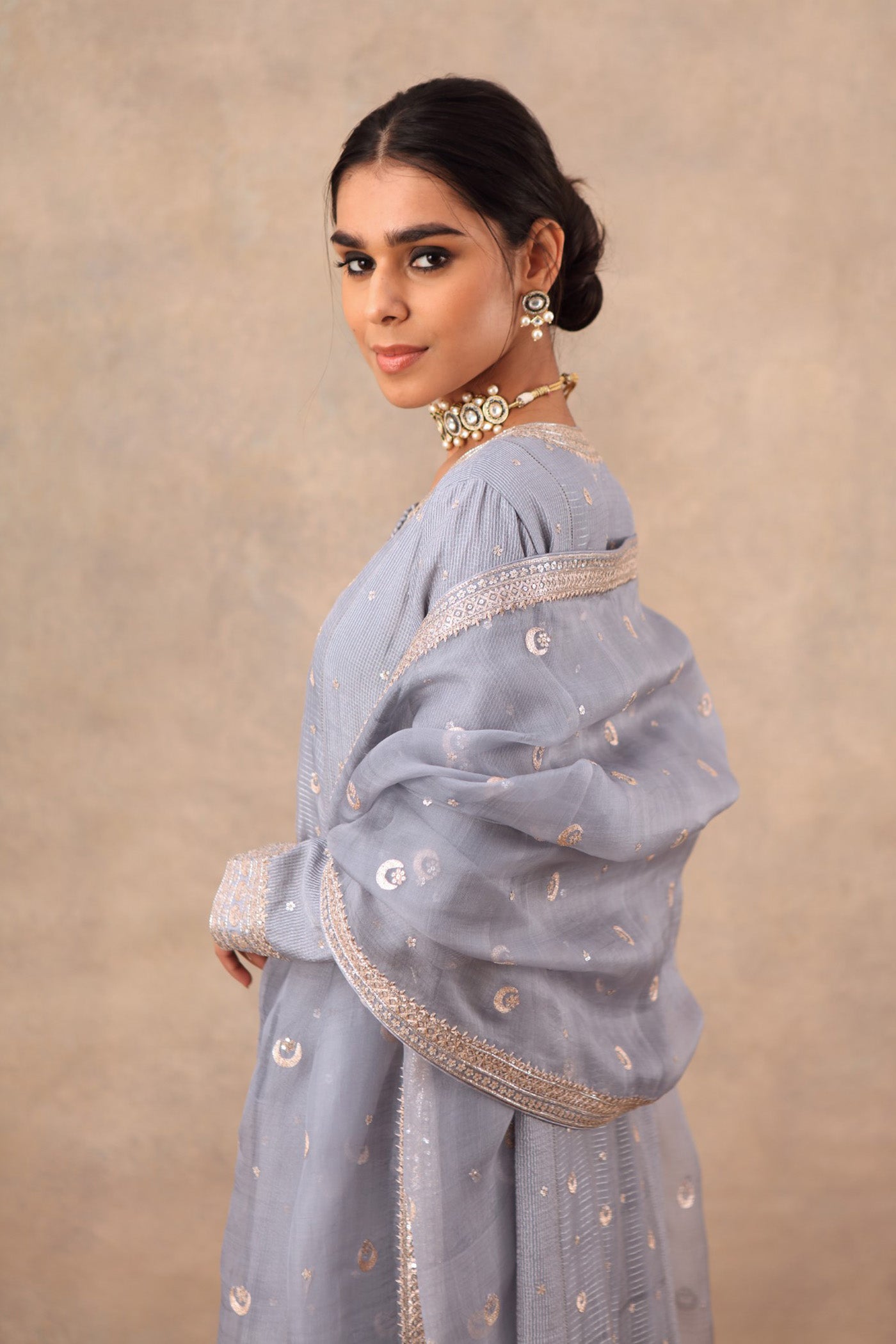 Hand Embroidered Dusty Blue Pure Cotton Silk Kurta Palazzo Set