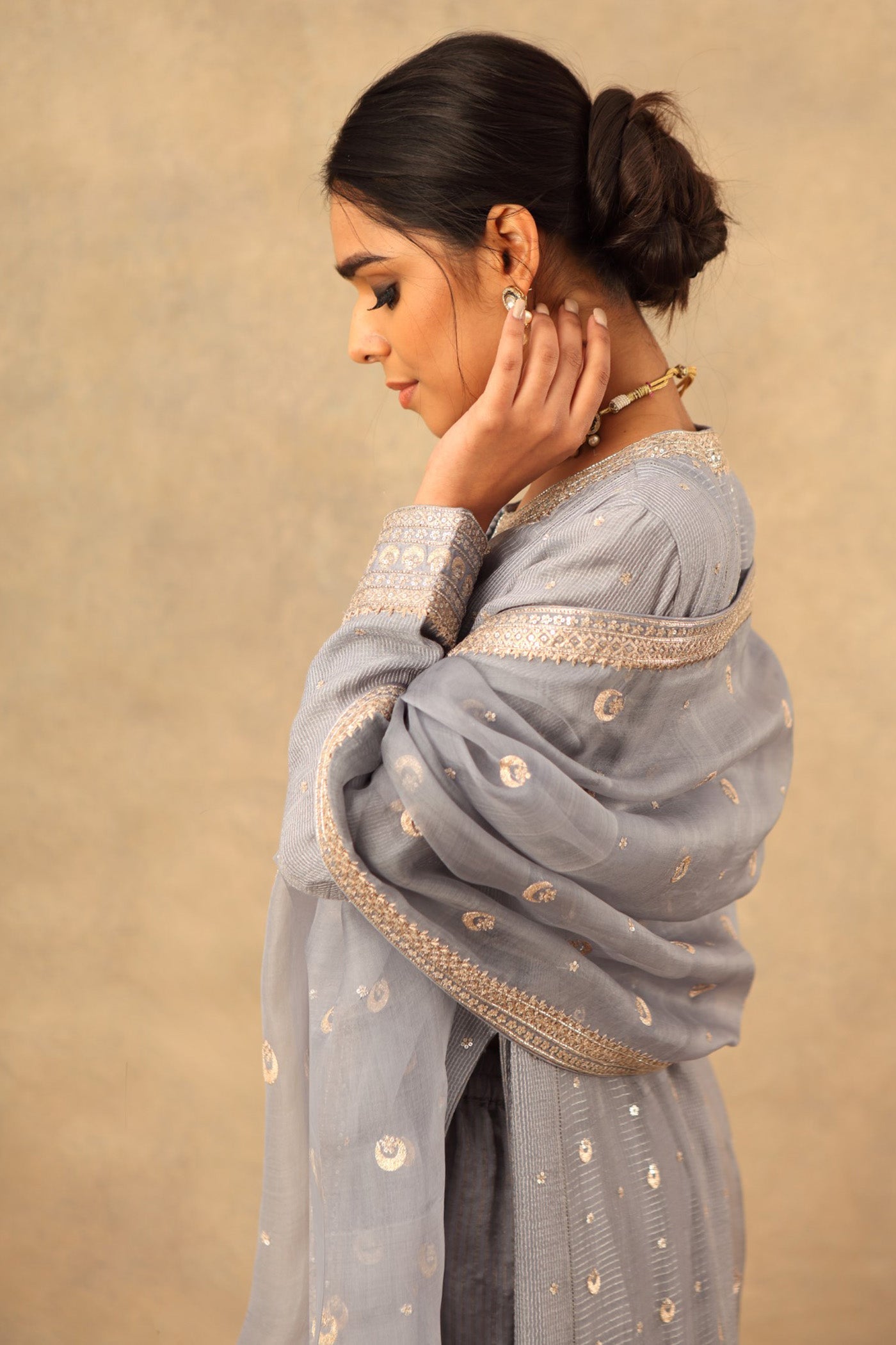 Hand Embroidered Dusty Blue Pure Cotton Silk Kurta Palazzo Set