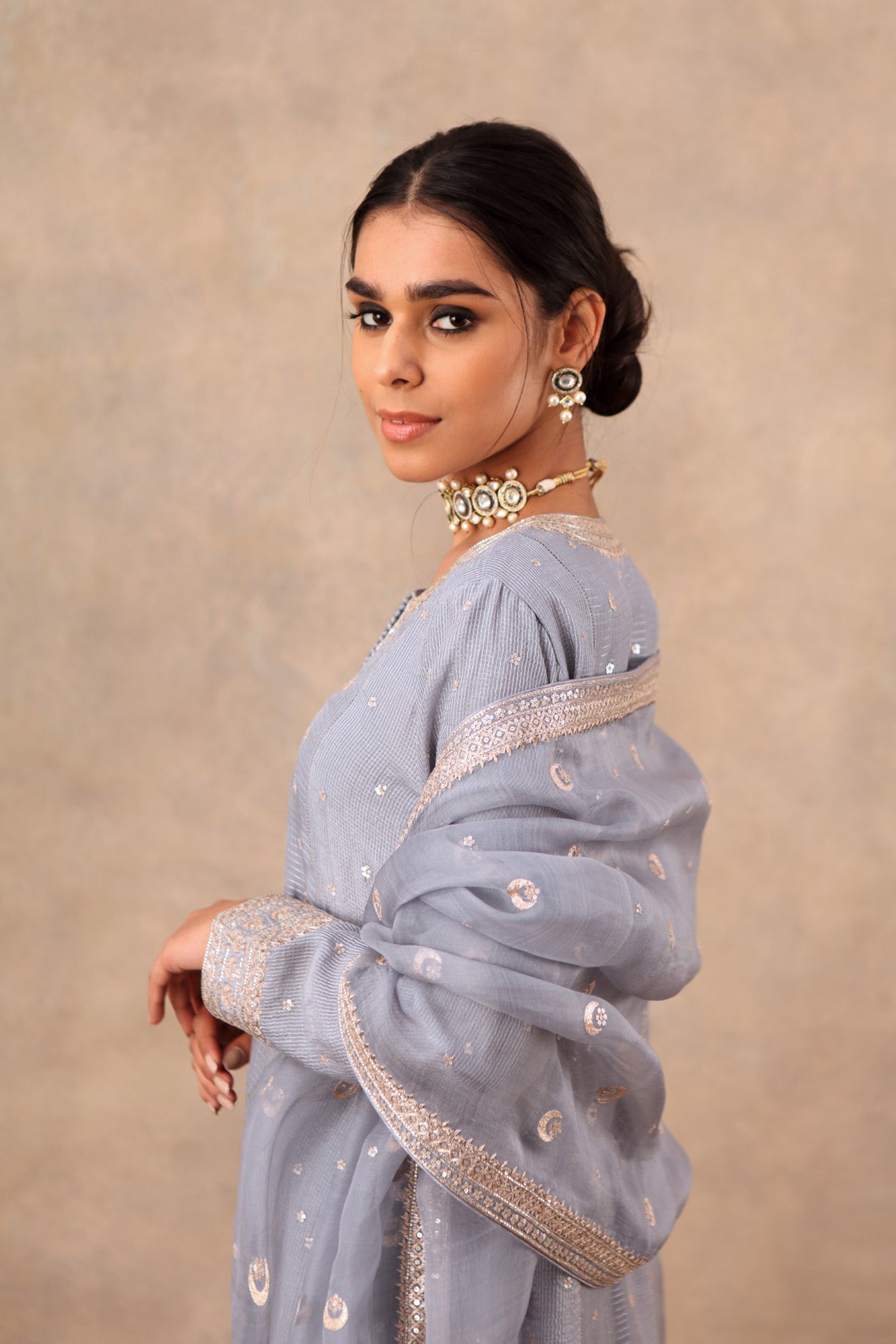Hand Embroidered Dusty Blue Pure Cotton Silk Kurta Palazzo Set