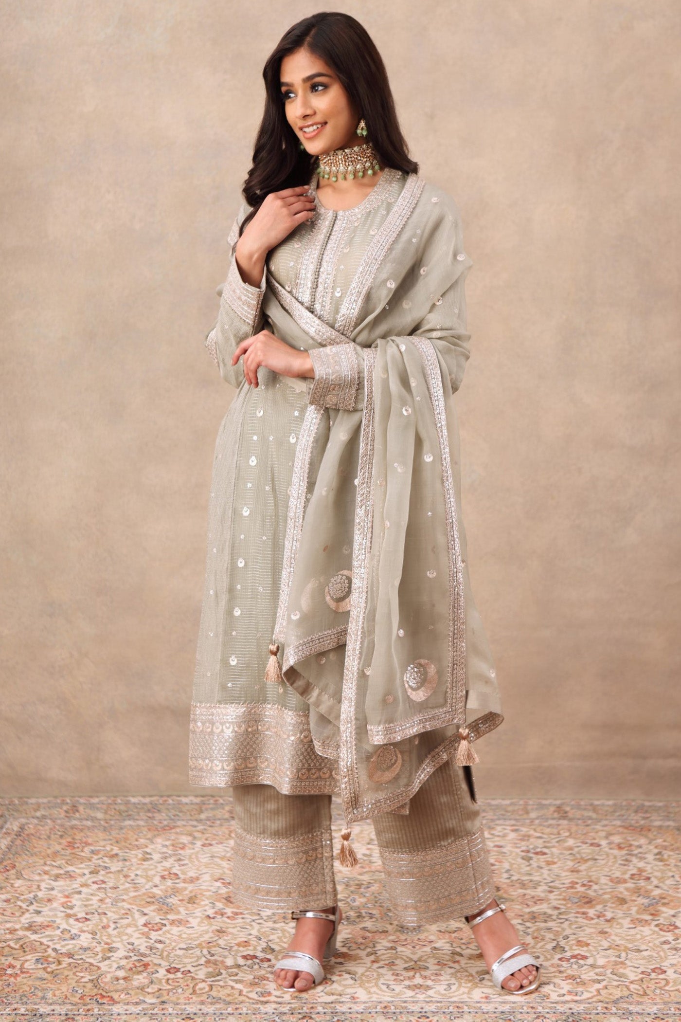 Hand Embroidered Fern Green Pure Cotton Silk Kurta Palazzo Set