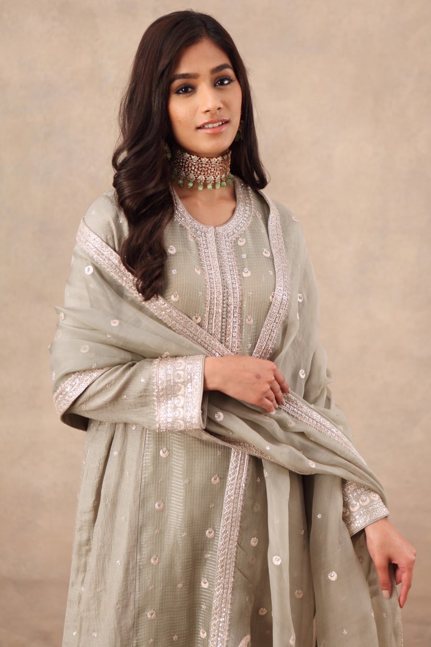 Hand Embroidered Fern Green Pure Cotton Silk Kurta Palazzo Set