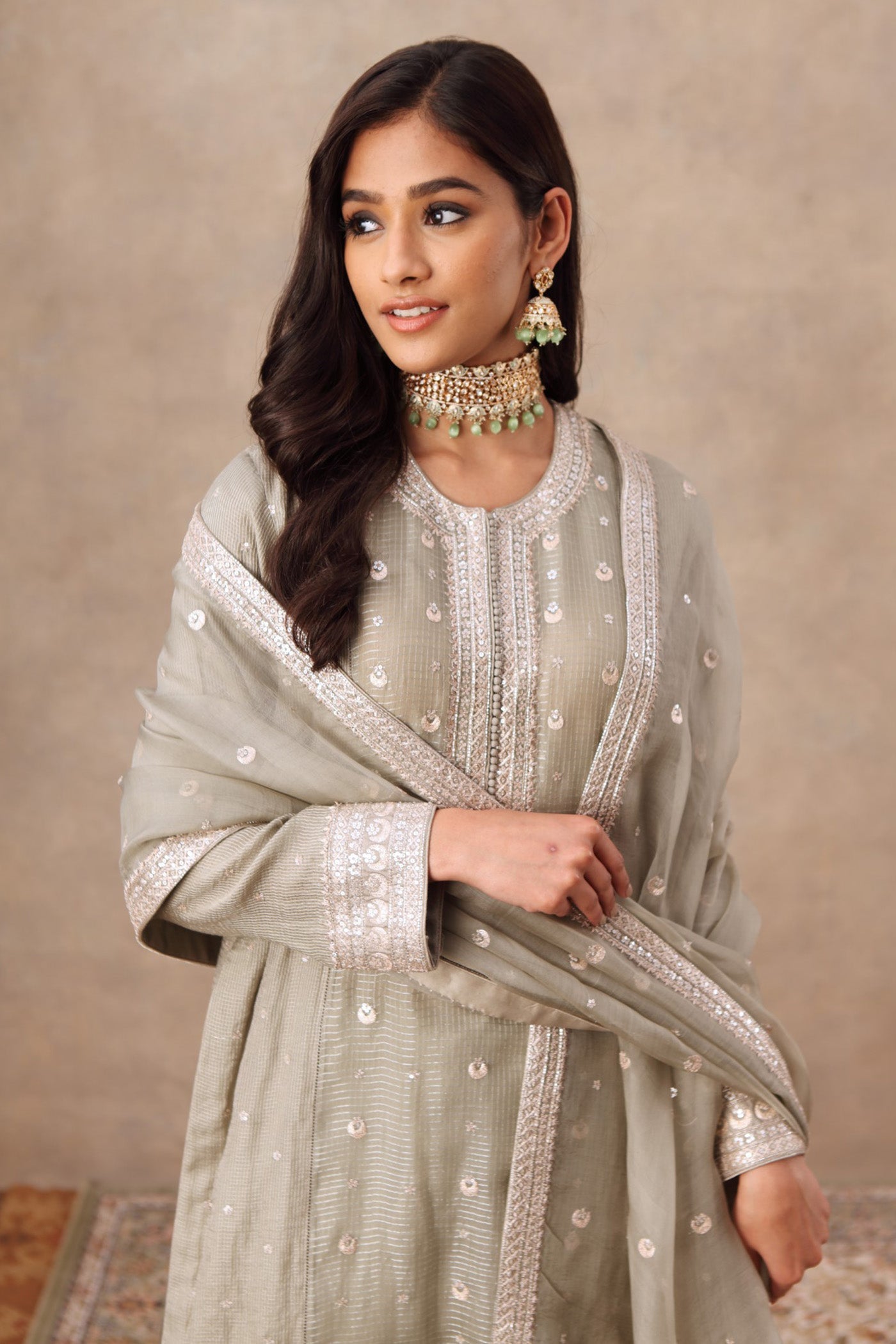 Hand Embroidered Fern Green Pure Cotton Silk Kurta Palazzo Set