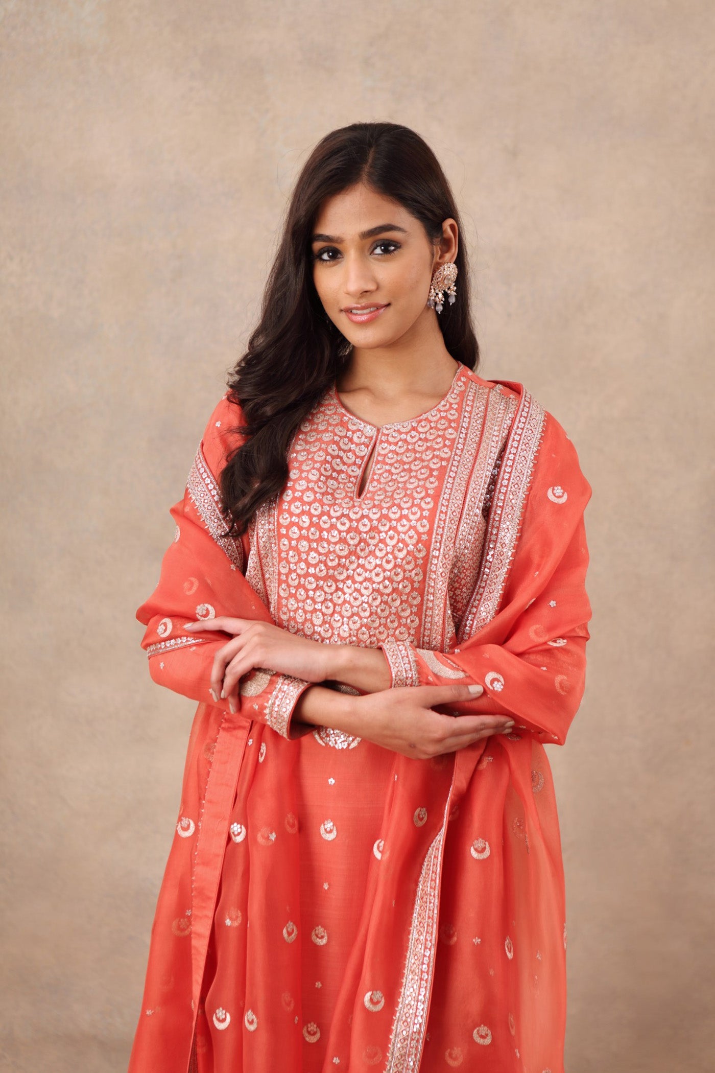 Hand Embroidered Burnt Coral Pure Katan Silk Kurta Sharara Set
