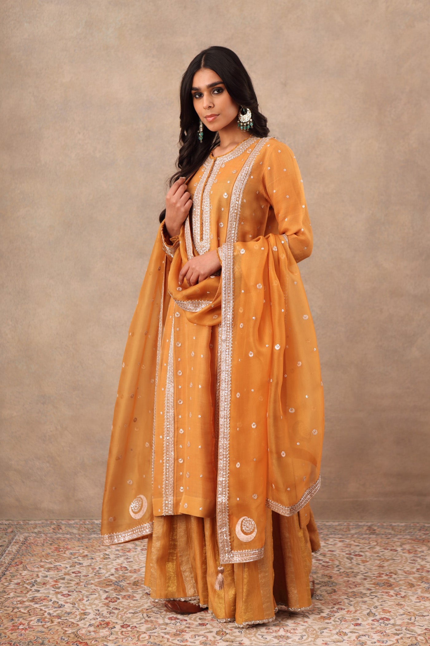 Hand Embroidered Mustard Yellow Pure Katan Silk Kurta Sharara Set