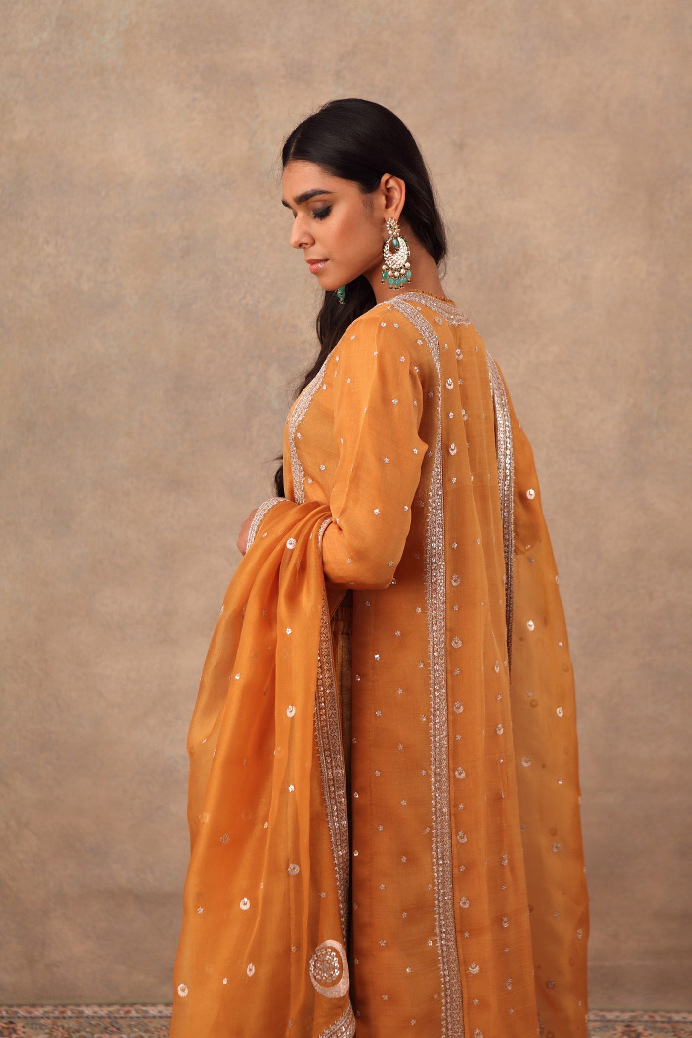 Hand Embroidered Mustard Yellow Pure Katan Silk Kurta Sharara Set