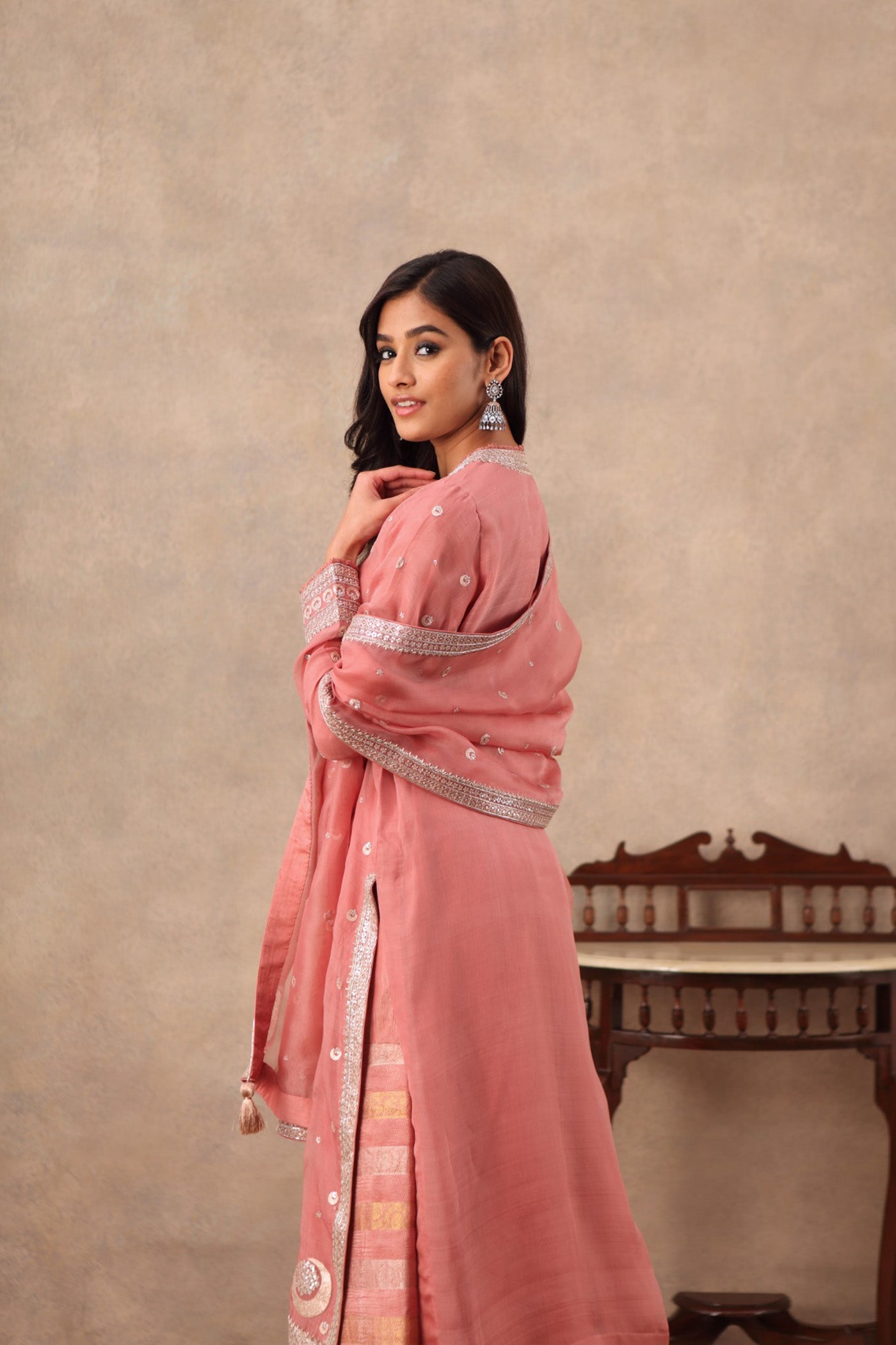 Hand Embroidered Terracotta Pink Pure Katan Silk Kurta Sharara Set