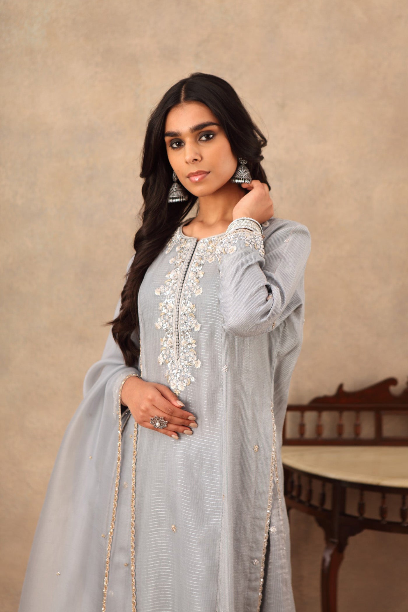 Hand Embroidered Tempest Blue Pure Katan Silk Kurta Pants Set