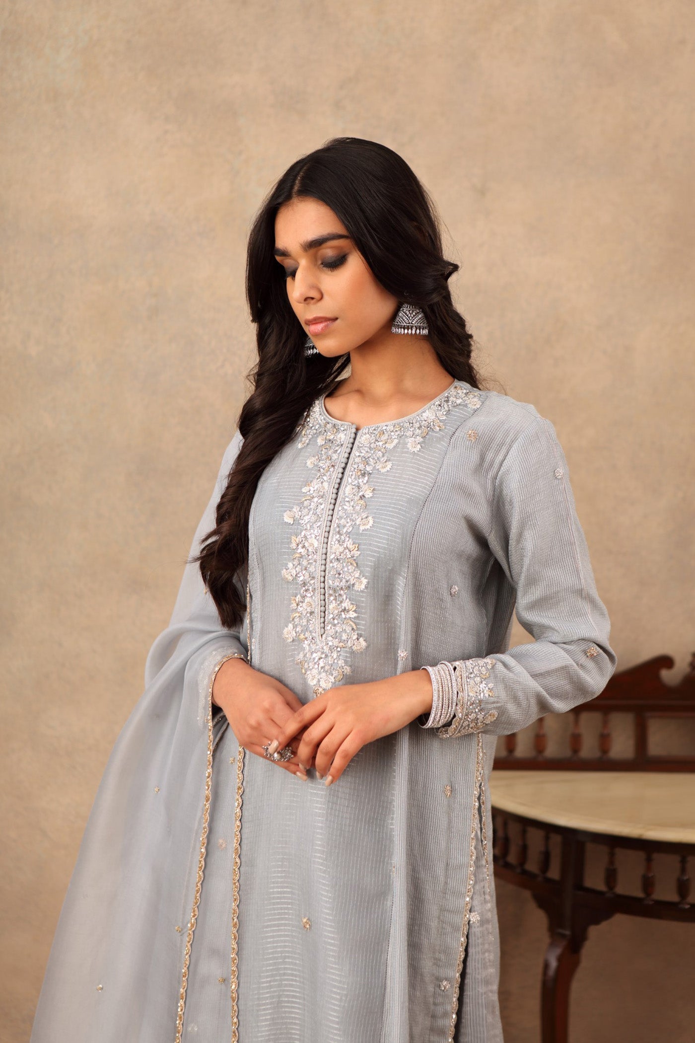 Hand Embroidered Dusty Blue Pure Katan Silk Kurta Palazzo Set
