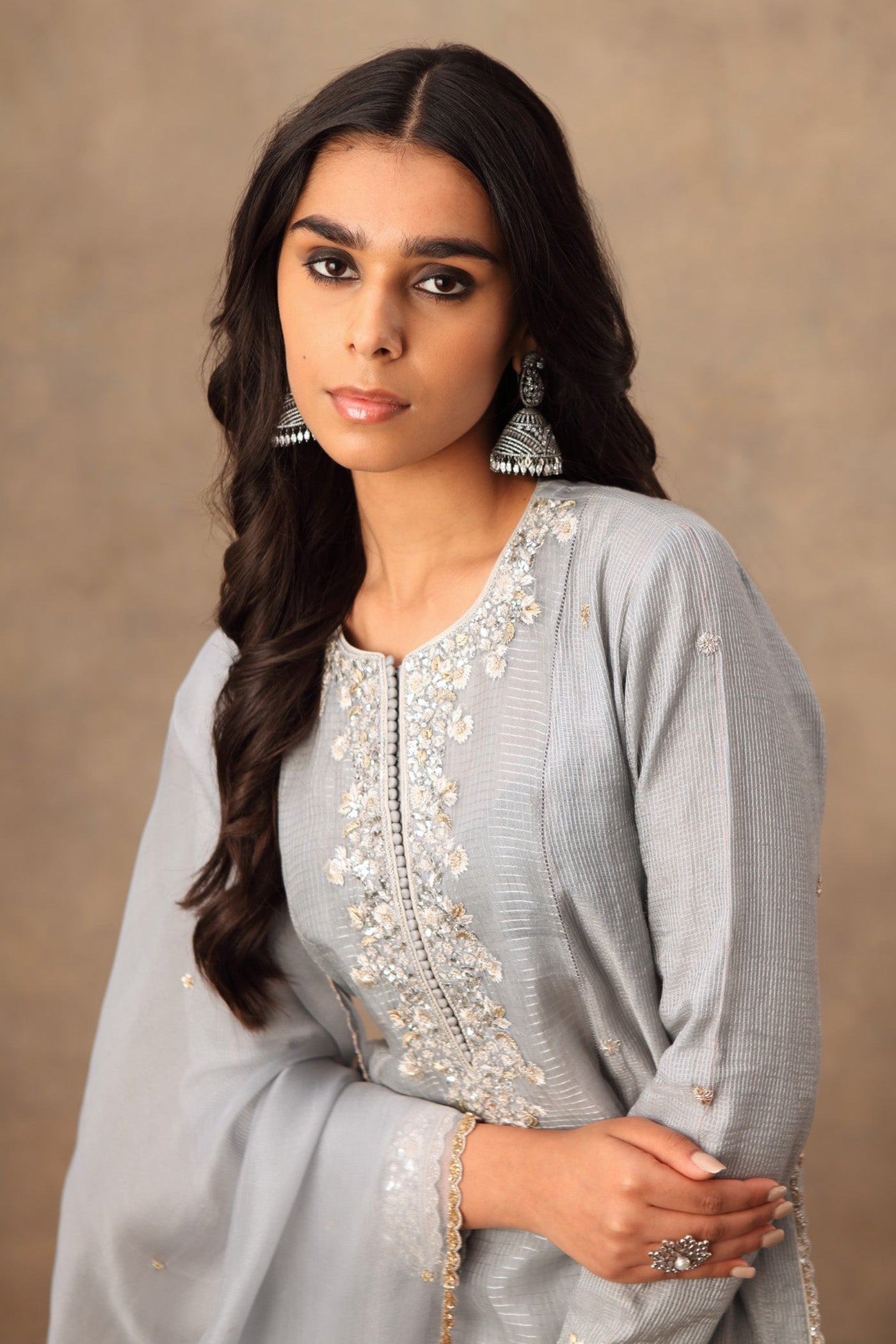 Hand Embroidered Dusty Blue Pure Katan Silk Kurta Palazzo Set
