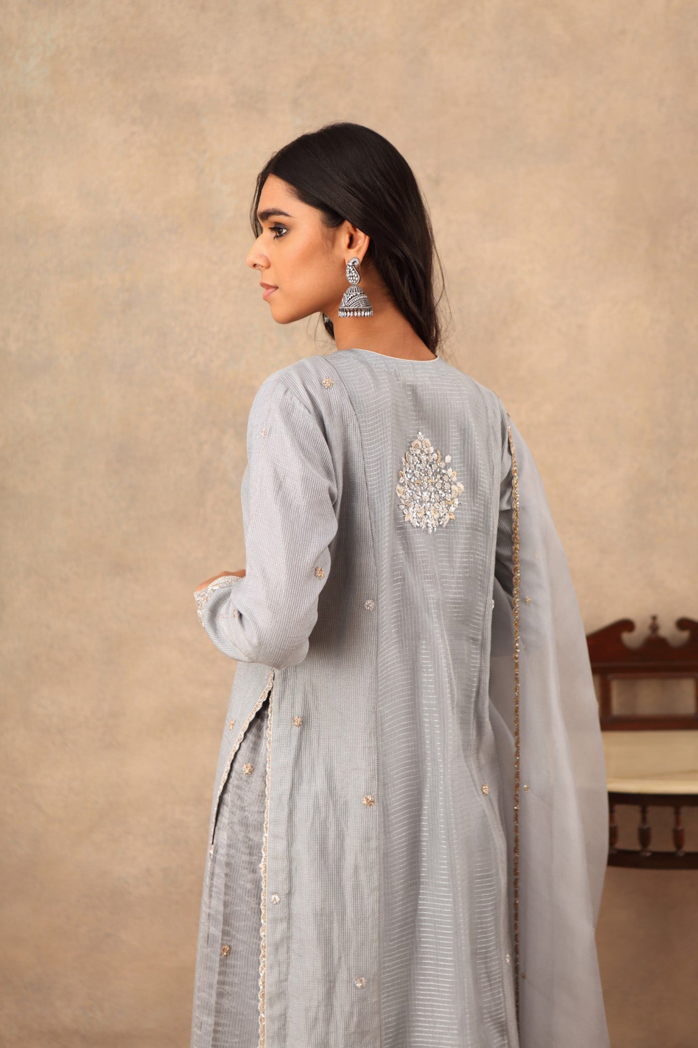 Hand Embroidered Dusty Blue Pure Katan Silk Kurta Palazzo Set