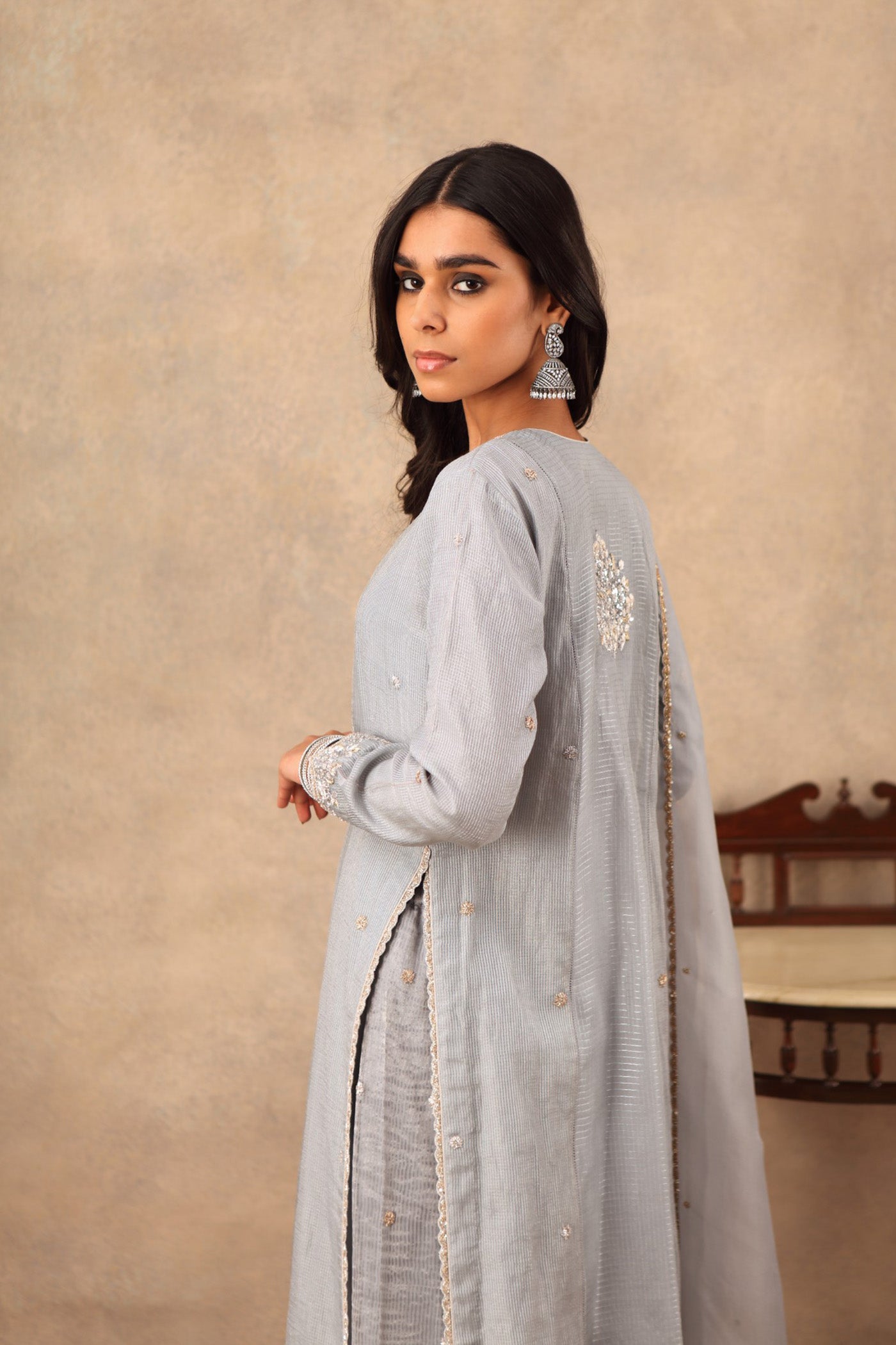 Hand Embroidered Dusty Blue Pure Katan Silk Kurta Palazzo Set