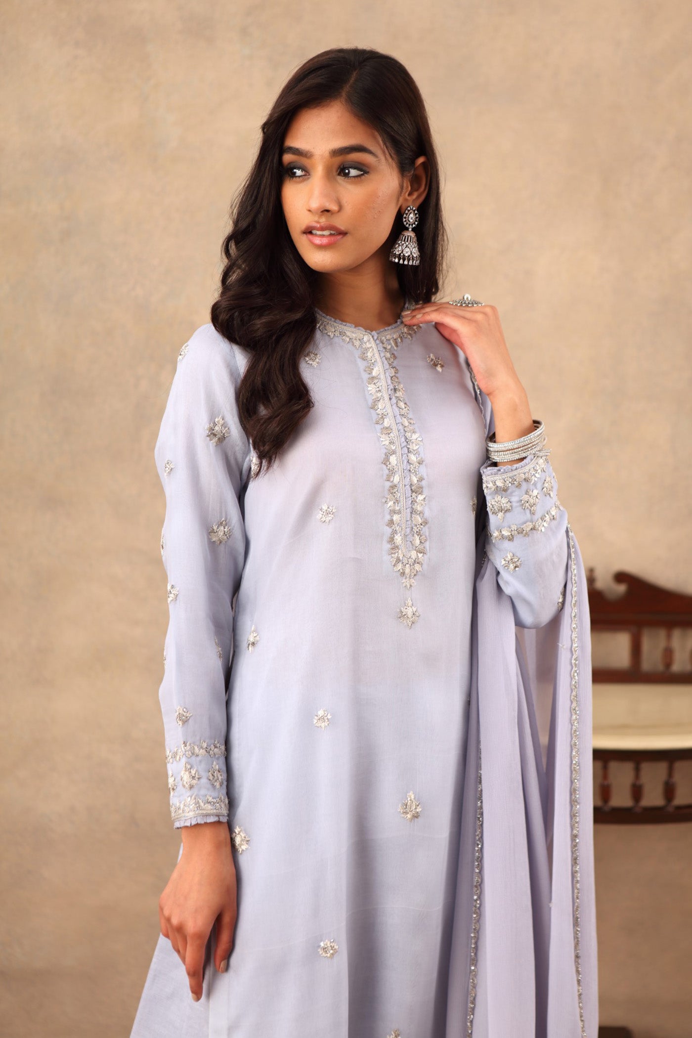 Hand Embroidered Ice Blue Pure Katan Silk Kurta Palazzo Set
