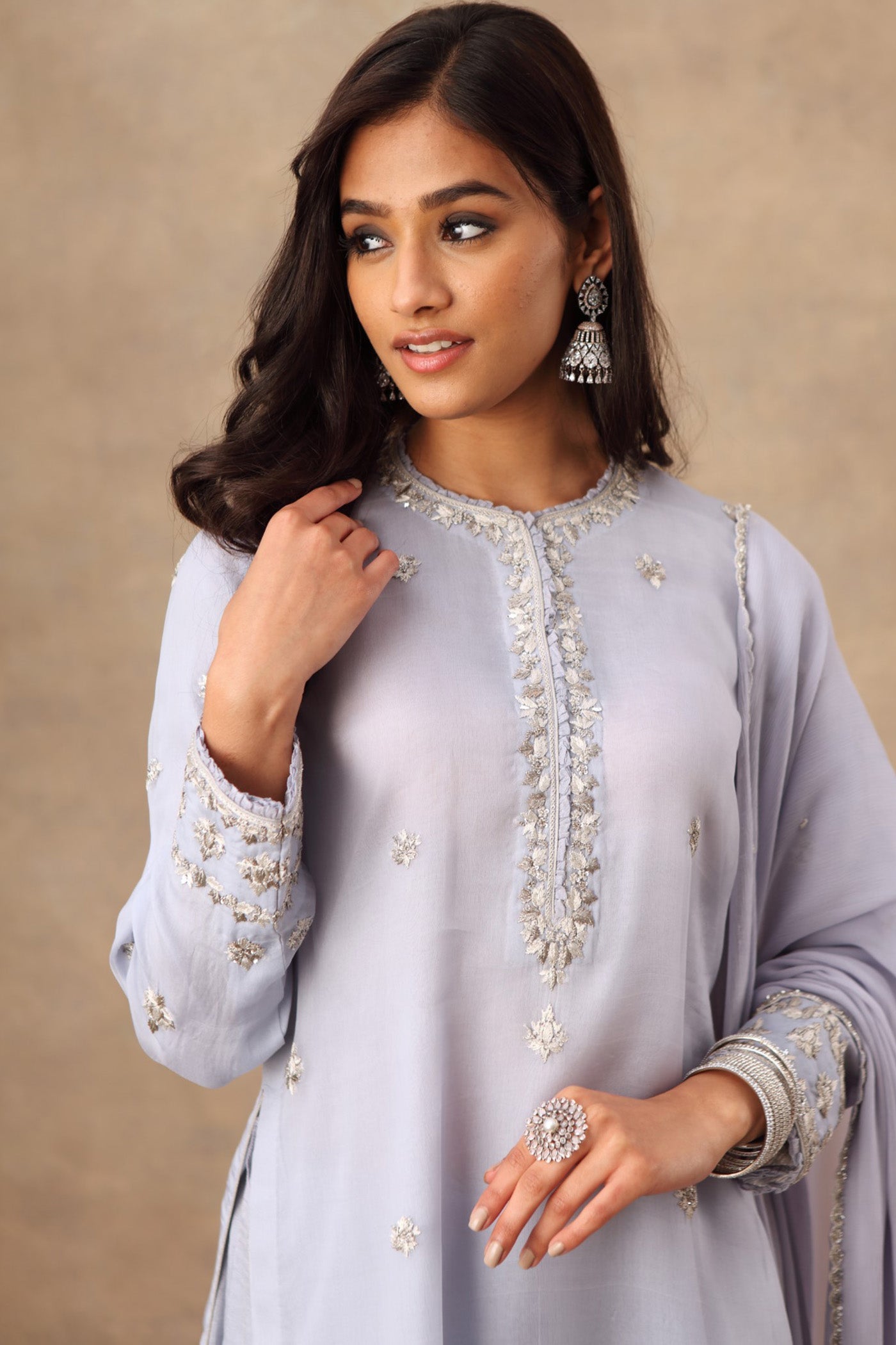 Hand Embroidered Ice Blue Pure Katan Silk Kurta Palazzo Set