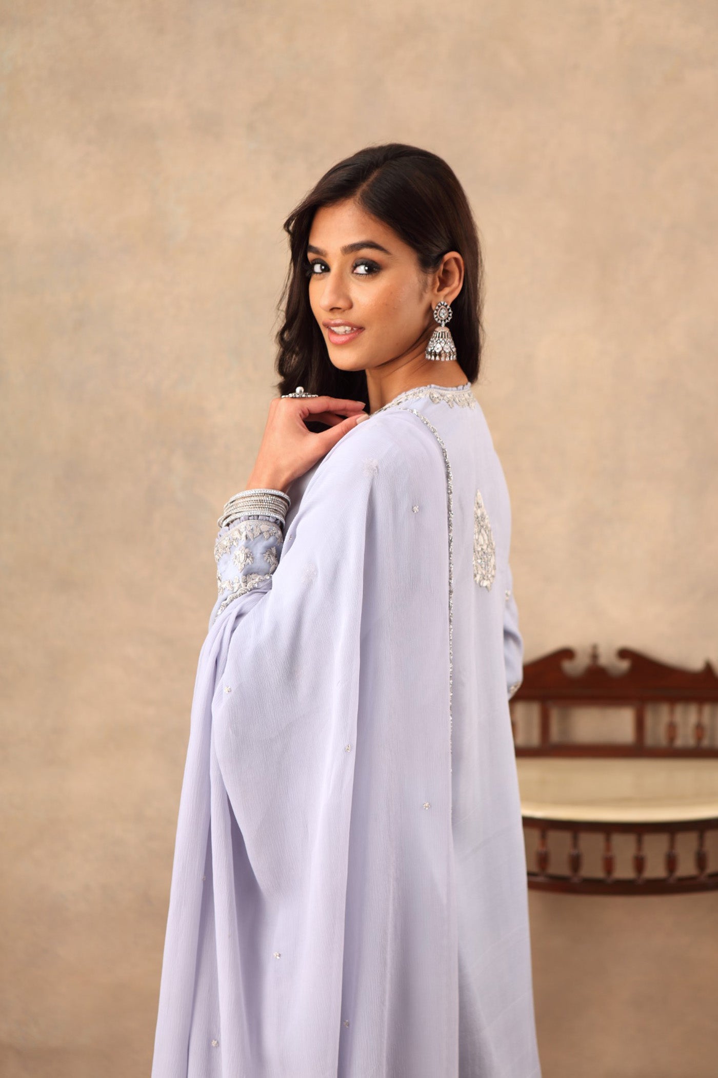 Hand Embroidered Ice Blue Pure Katan Silk Kurta Palazzo Set