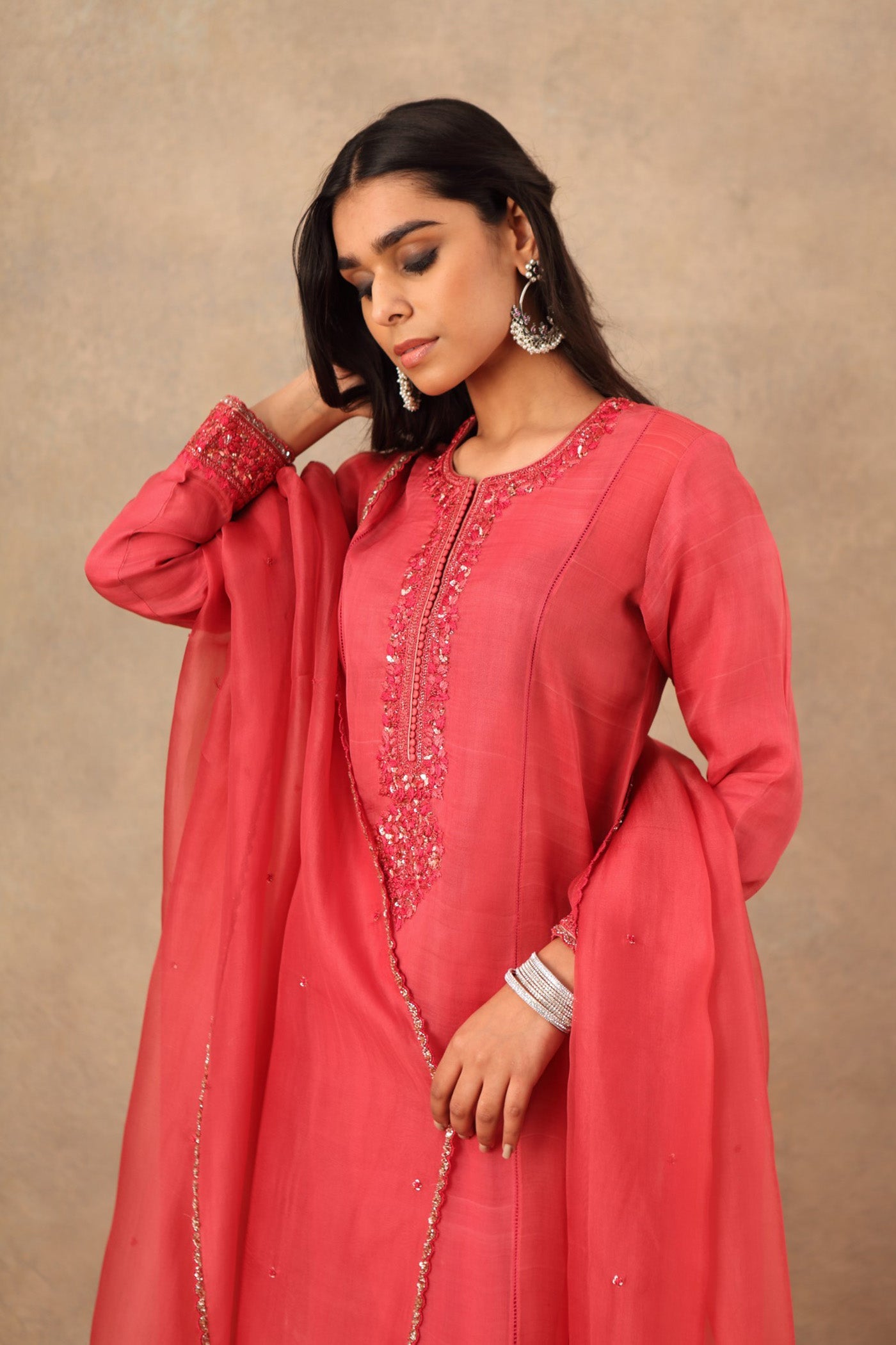 Hand Embroidered Carmine Pink Pure Katan Silk Kurta Churidaar Set