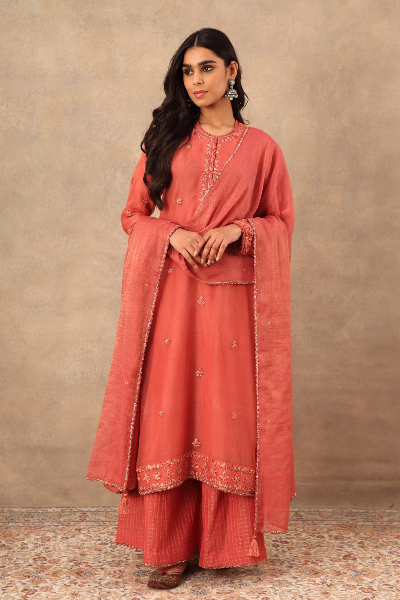 Hand Embroidered Faded Rose Pure Katan Silk Kurta Palazzo Set