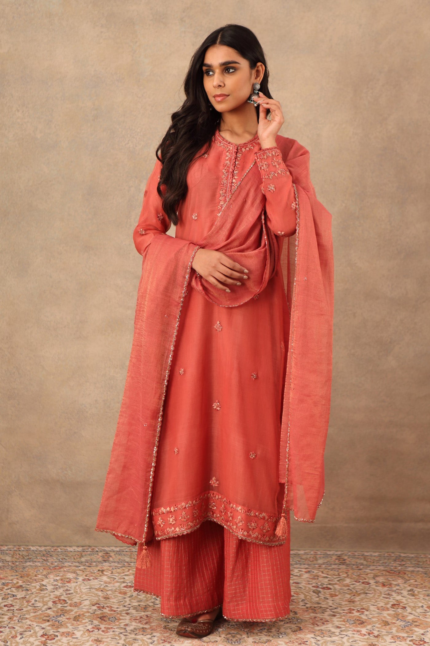 Hand Embroidered Faded Rose Pure Katan Silk Kurta Palazzo Set