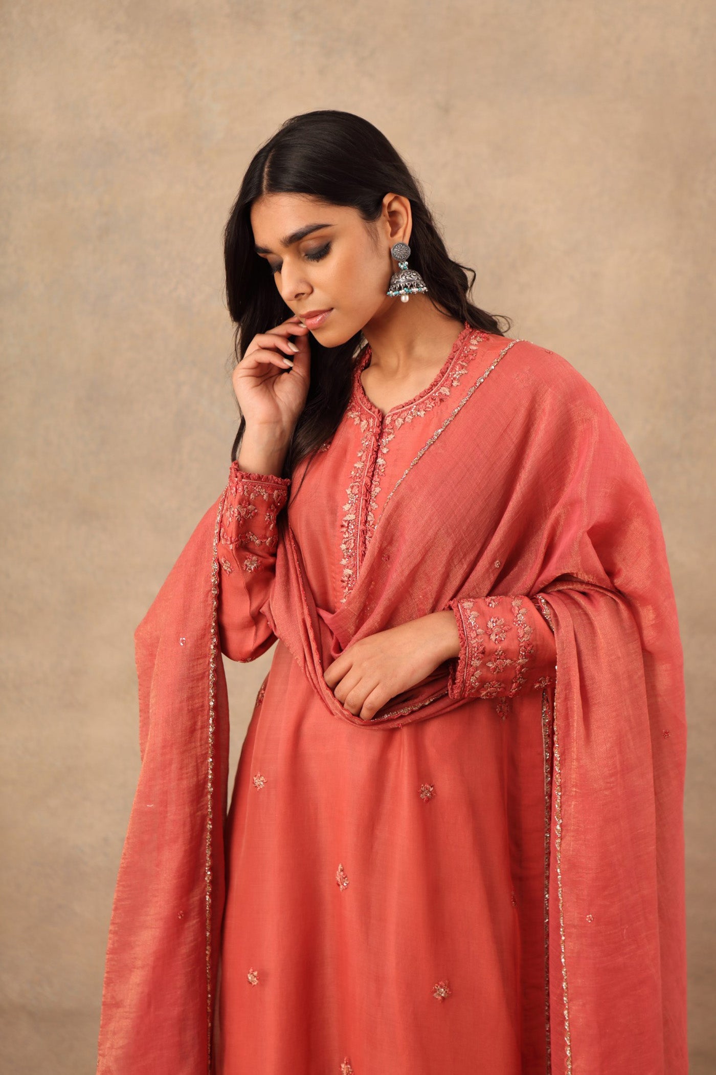 Hand Embroidered Faded Rose Pure Katan Silk Kurta Palazzo Set
