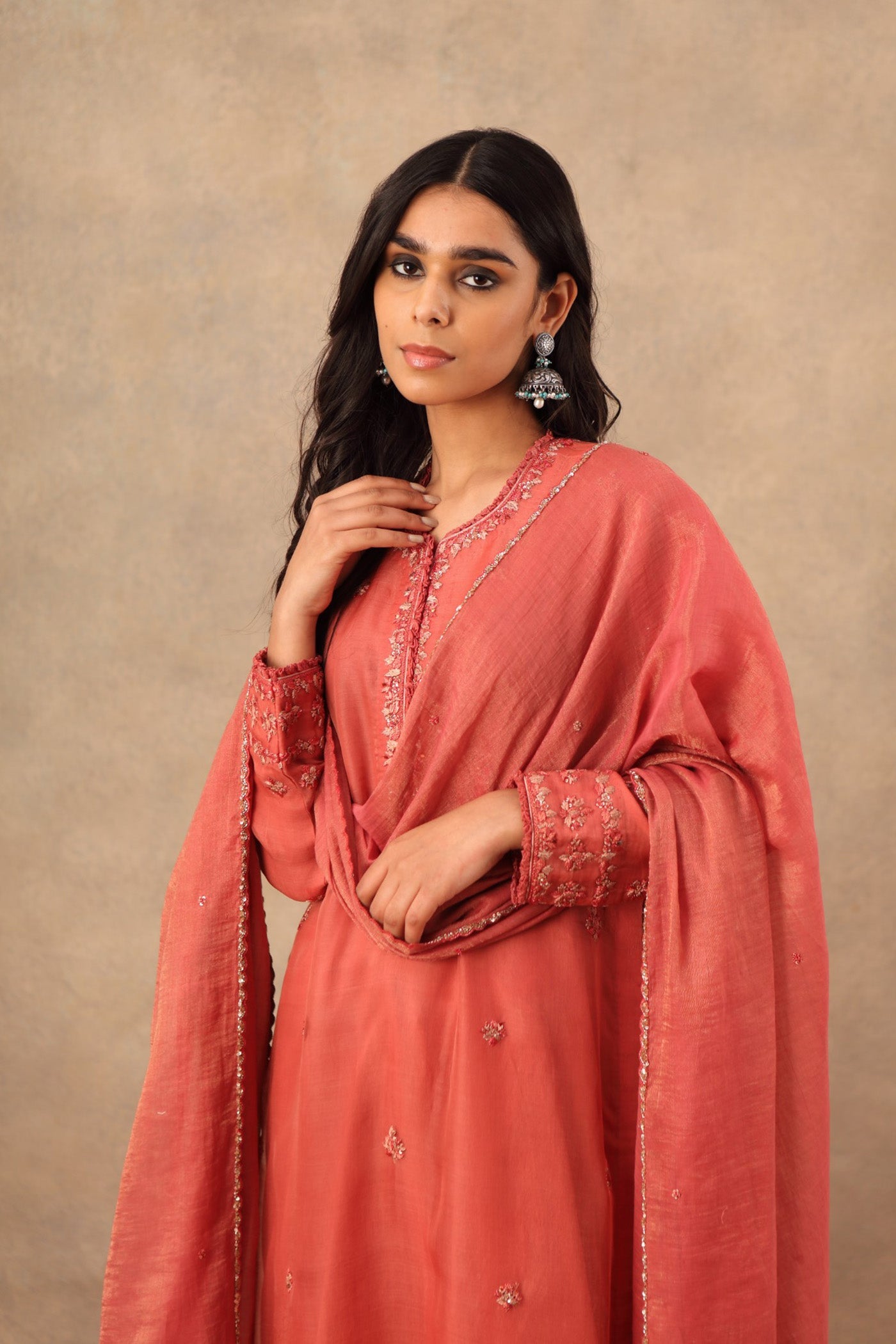 Hand Embroidered Faded Rose Pure Katan Silk Kurta Palazzo Set