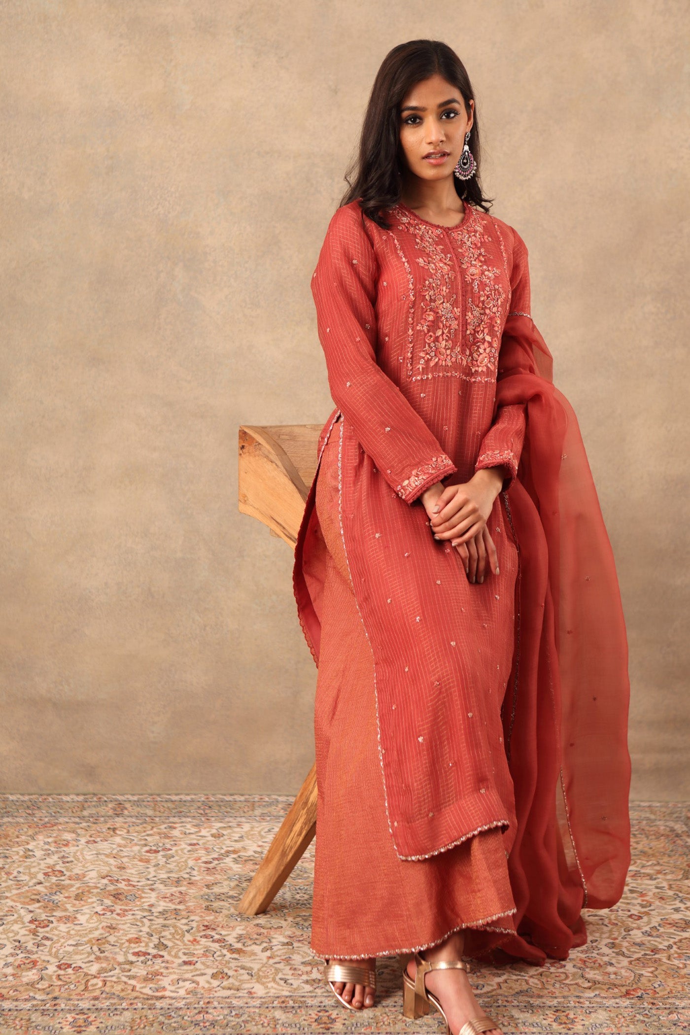 Hand Embroidered Cinnabar Red Pure Katan Silk Kurta Palazzo Set