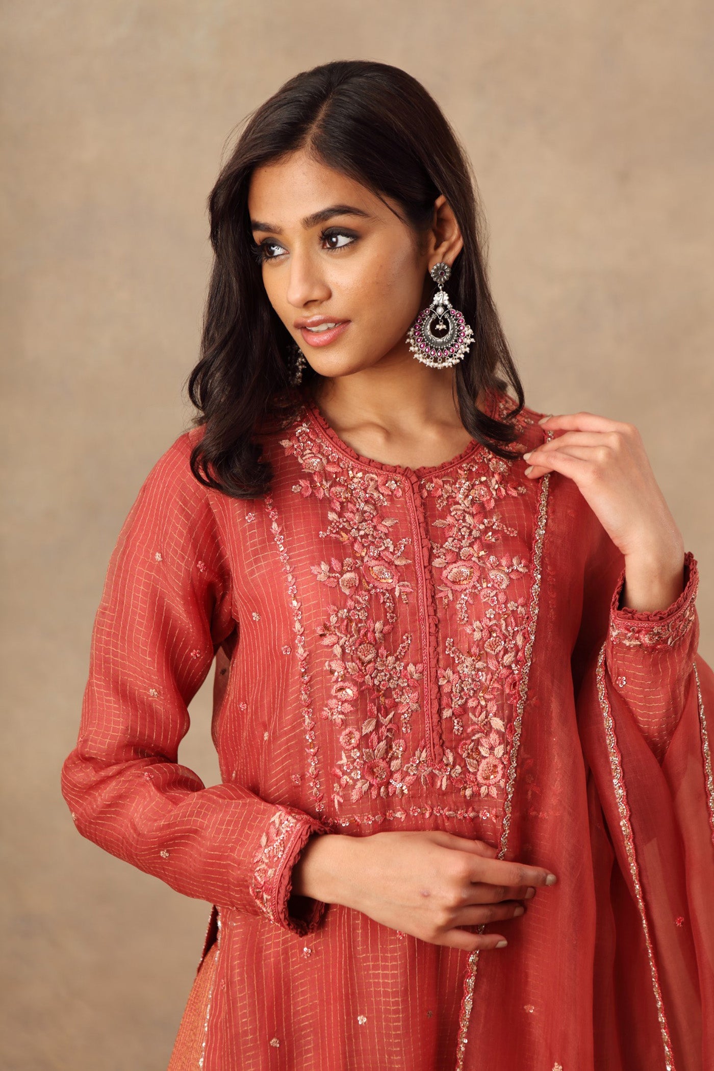 Hand Embroidered Cinnabar Red Pure Katan Silk Kurta Palazzo Set
