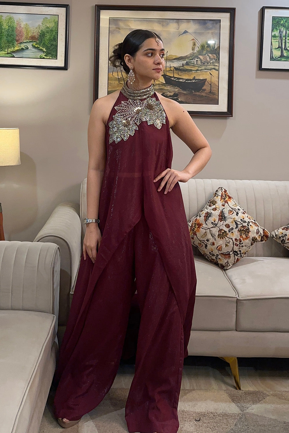 Myra Wine Satin Cape Set with Halter Neckband and Pants