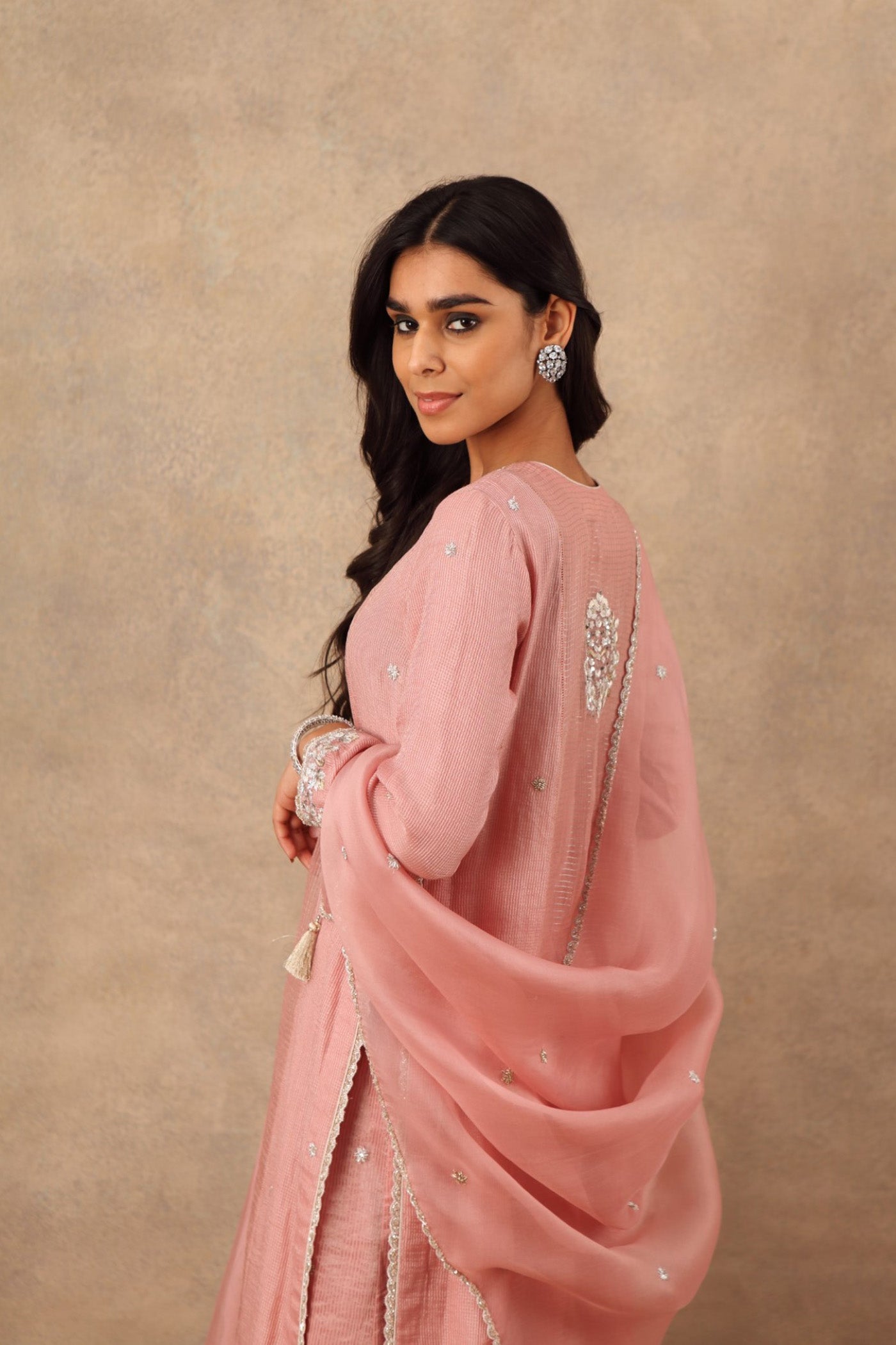 Hand Embroidered Dusty Pink Pure Katan Silk Kurta Palazzo Set