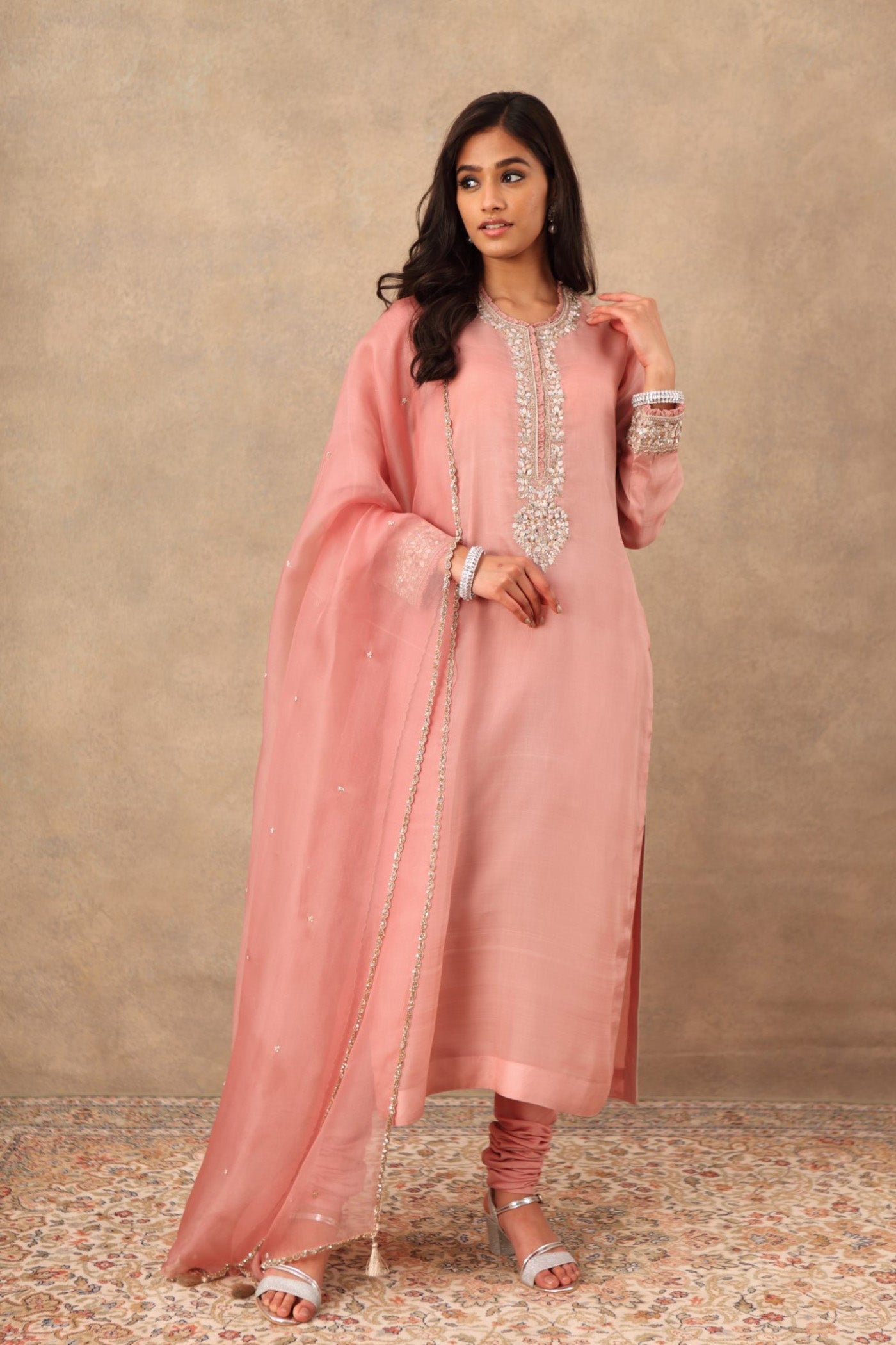 Hand Embroidered Ember Blush Pink Pure Katan Silk Kurta Churidaar Set
