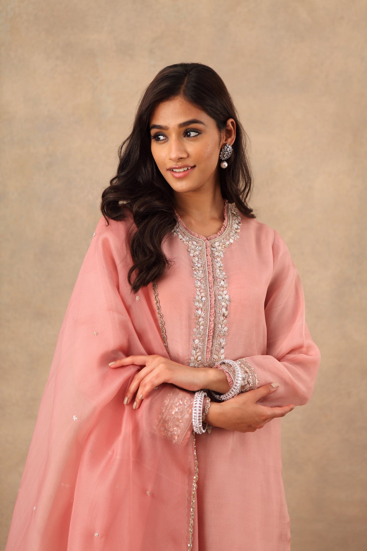 Hand Embroidered Ember Blush Pink Pure Katan Silk Kurta Churidaar Set