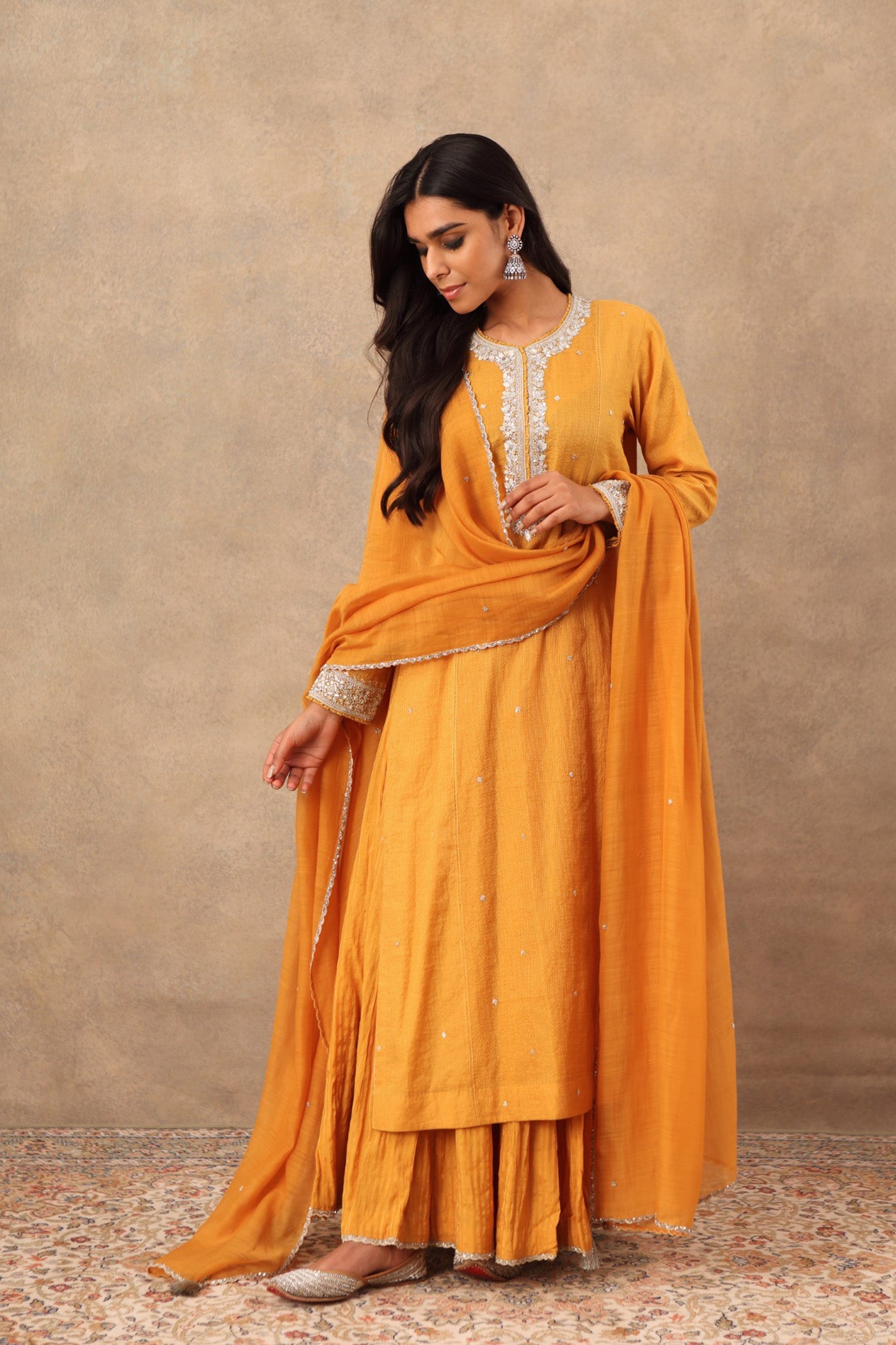Hand Embroidered Turmeric Yellow Pure Cotton Silk Kurta Sharara Set